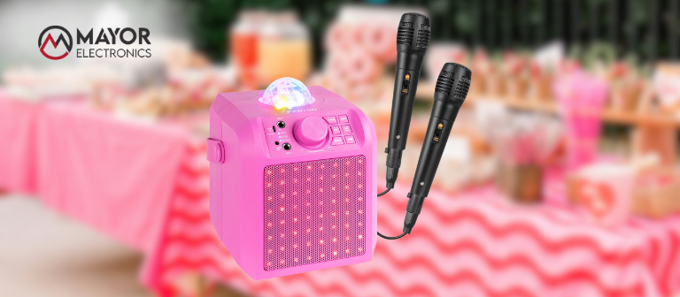Fenton KAR55P: karaoke portátil rosa con micrófonos, luces LED y Jelly Ball
