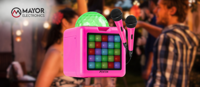 Fenton KAR15P: karaoke portátil rosa con batería, luces LED y 2 micrófonos