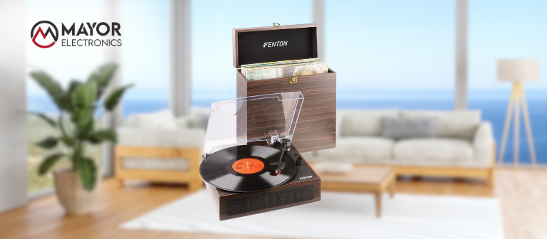 Fenton RP170D: Giradiscos con caja de almacenaje para vinilos en madera oscura