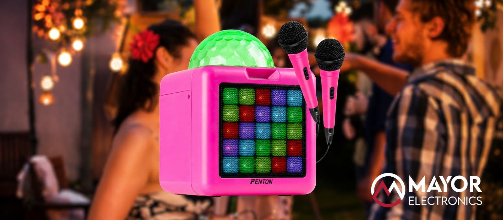 Fenton KAR15P: karaoke portátil rosa con batería, luces LED y 2 micrófonos