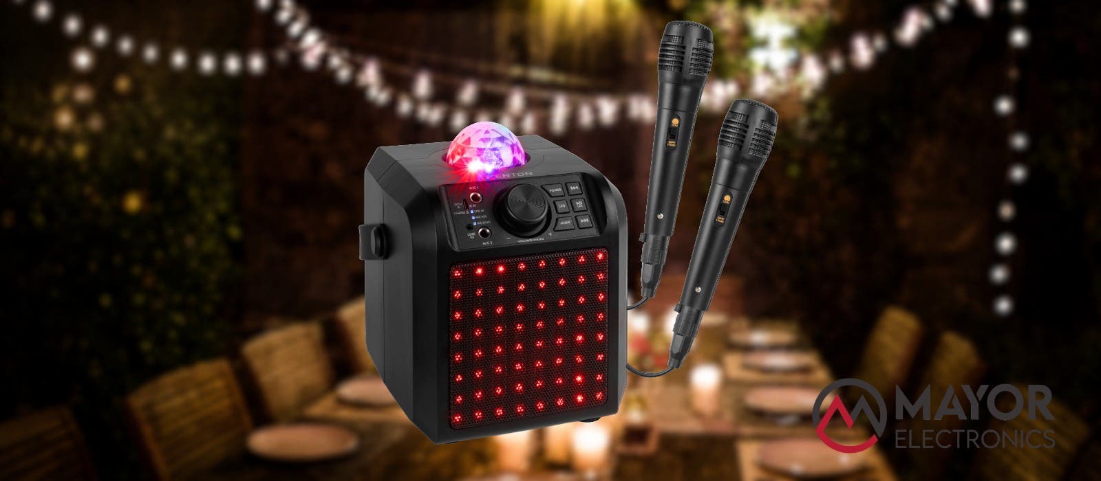 Fenton KAR55B: el set de karaoke portátil con micrófonos, luces LED y Jelly Ball
