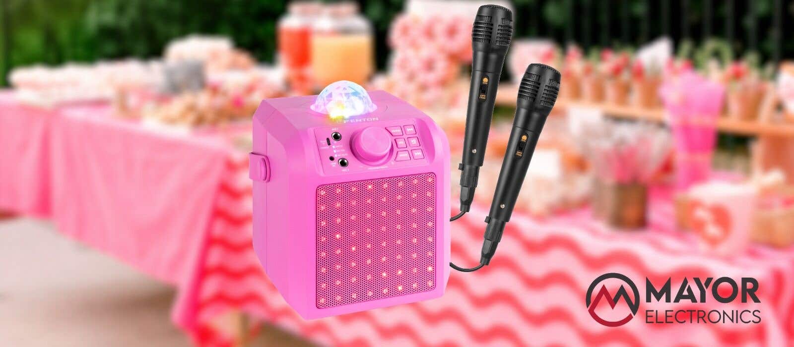 Fenton KAR55P: karaoke portátil rosa con micrófonos, luces LED y Jelly Ball