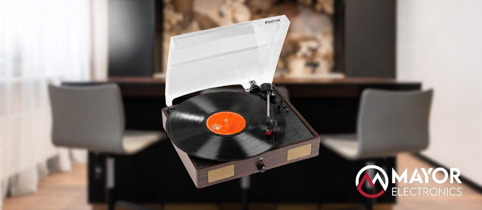 Fenton RP106DW: Giradiscos compacto en madera oscura con altavoces integrados