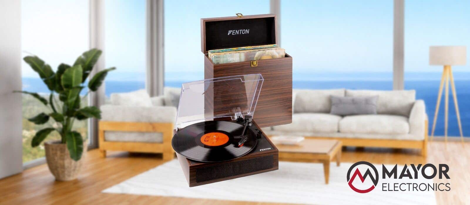 Fenton RP170D: Giradiscos con caja de almacenaje para vinilos en madera oscura