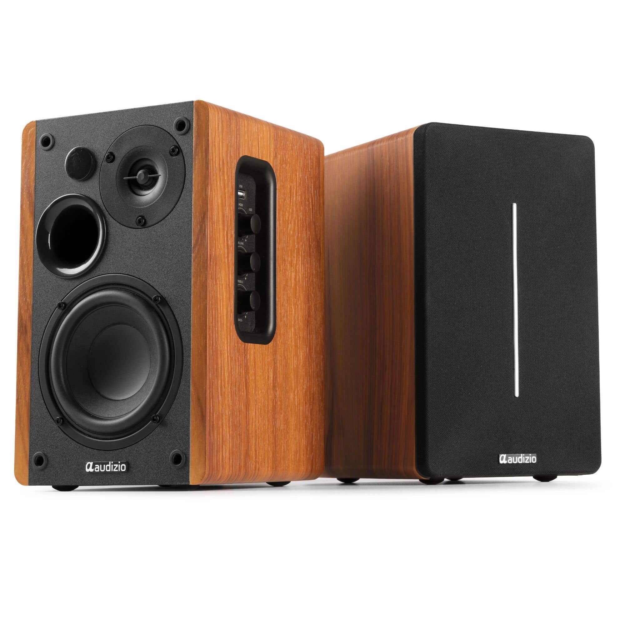 Reacondicionado - Audizio KS01B – Altavoces de estantería HiFi con amplificador incorporado, acabo en madera