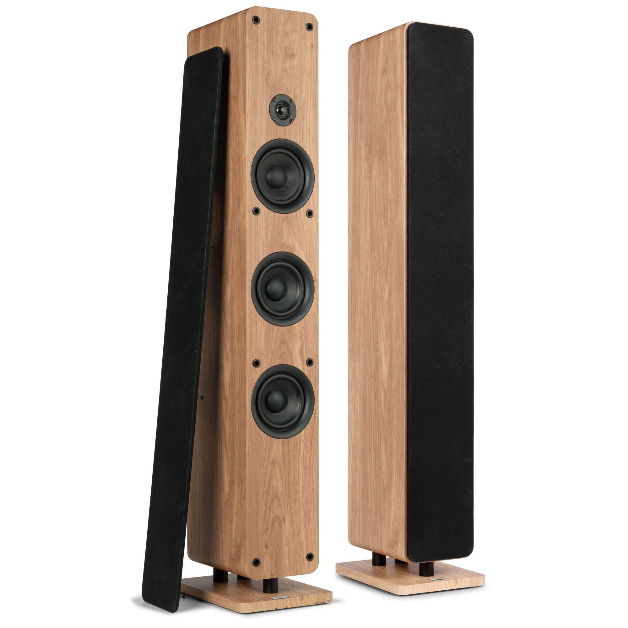 Audizio ARCO – Pack de 2 unidades – Altavoces de torre HiFi pasivos 160W, 3 woofers de 4" + tweeter 1" – Color madera clara