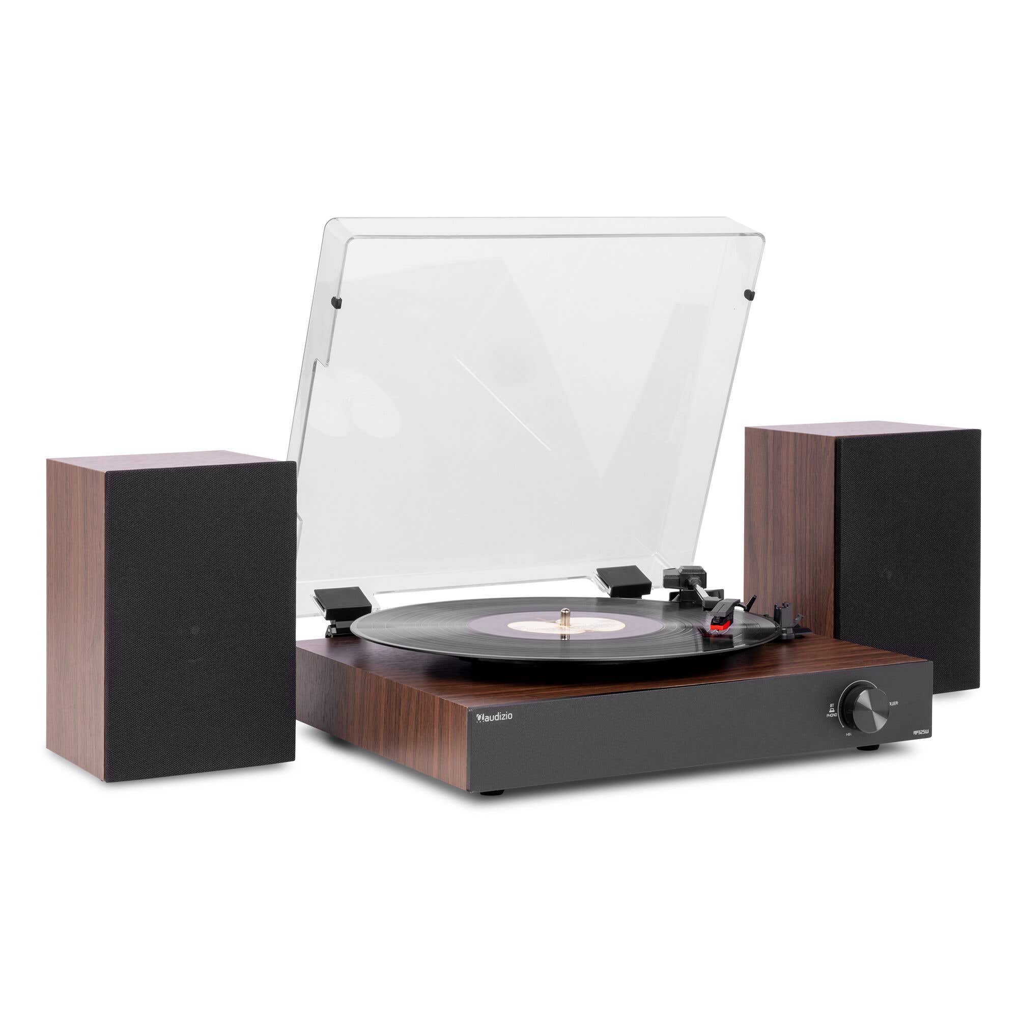 Reacondicionado - Audizio RP325W – Tocadiscos de vinilo con altavoces, Bluetooth in/out, 3 velocidades y diseño en madera – Color marrón