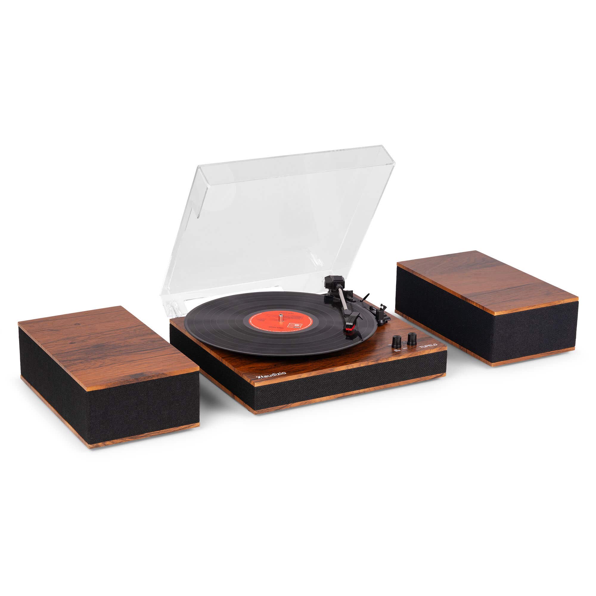 Reacondicionado - Audizio Tupelo – Tocadiscos Bluetooth con 2 altavoces, 120W, 3 velocidades y auto stop – color madera