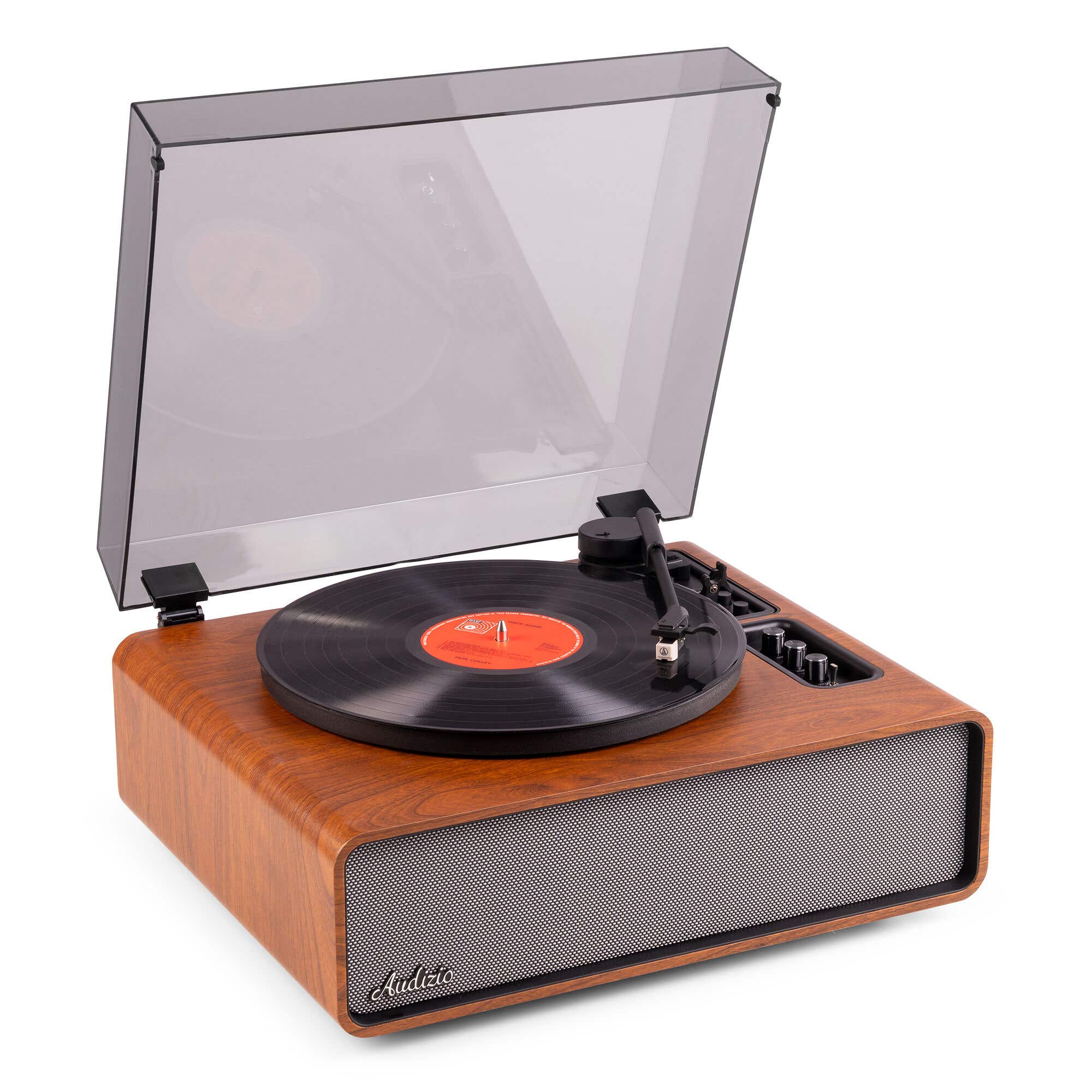 Audizio Laredo – Tocadiscos HiFi de vinilo con Bluetooth in/out, altavoces integrados y cápsula Audio Technica – Acabado madera oscura