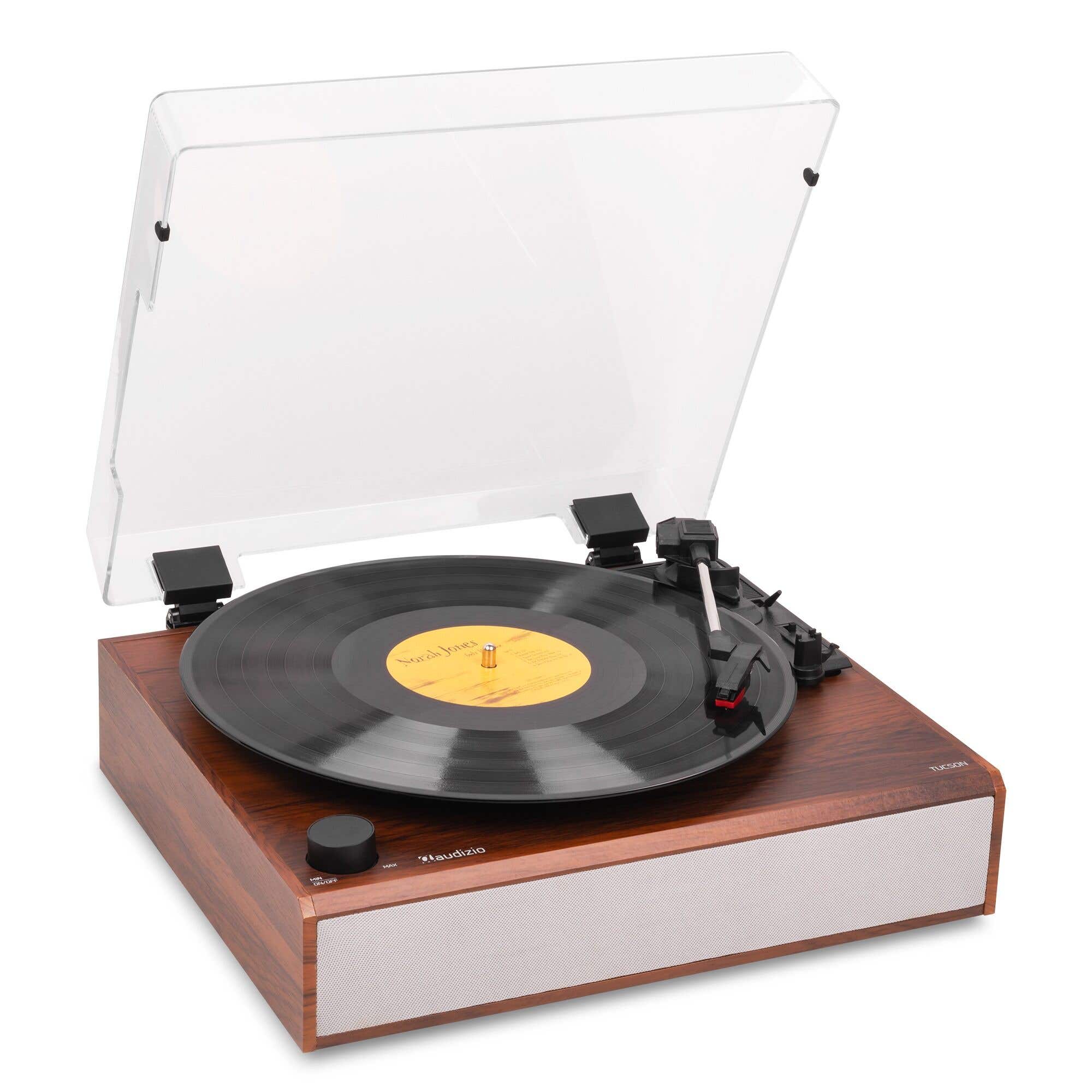 Audizio Tucson - Tocadiscos de vinilo Bluetooth in/out con altavoces 40W, 3 velocidades y acabado cerezo