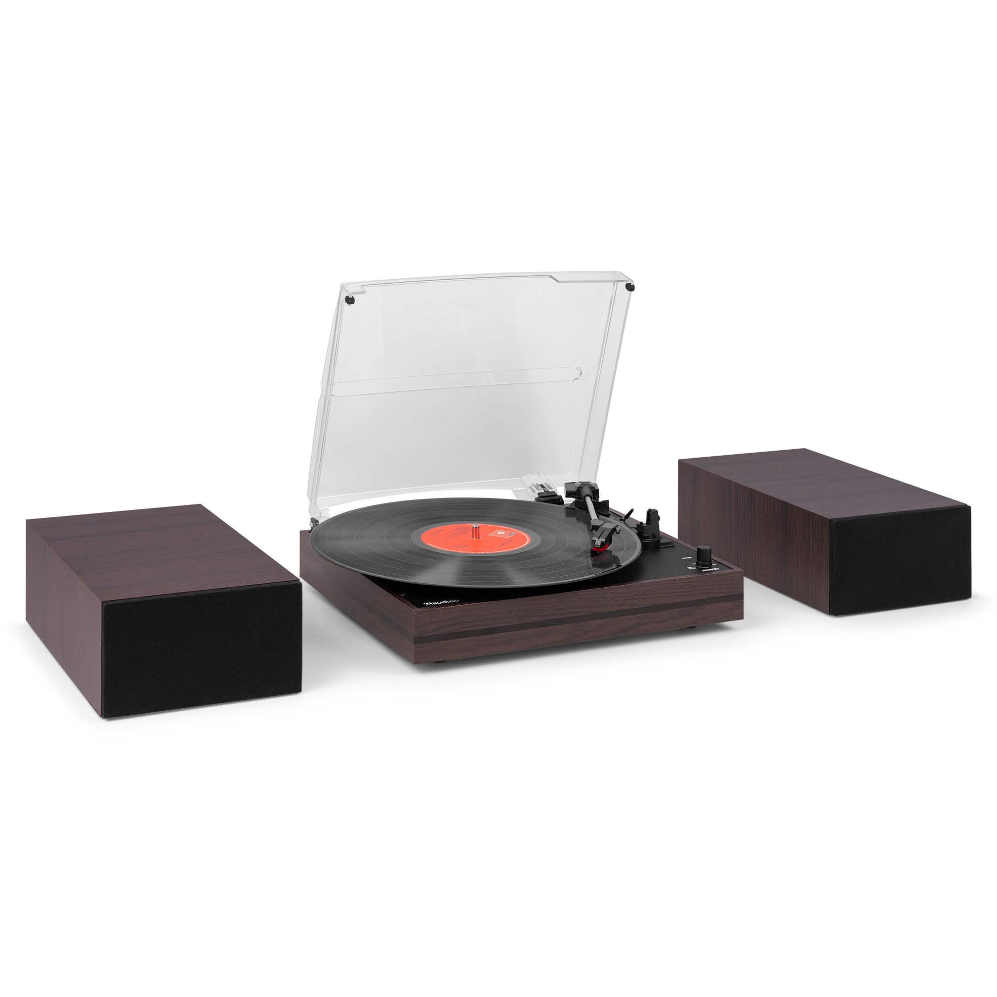 Audizio Akron – Tocadiscos con altavoces y Bluetooth color madera oscura