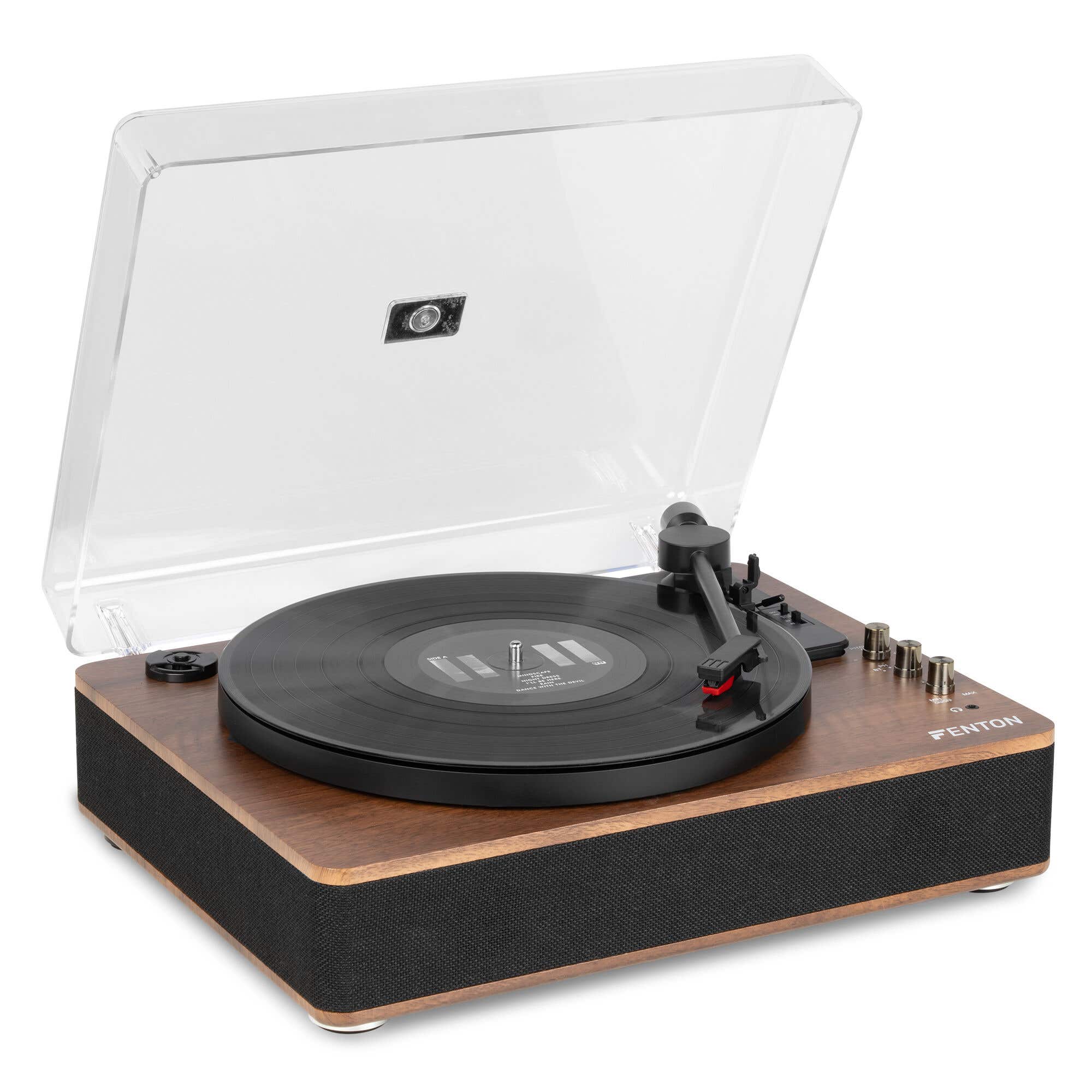 Fenton RP162 – Tocadiscos retro con Bluetooth entrada/salida, grabación USB, altavoces integrados y acabado madera nogal