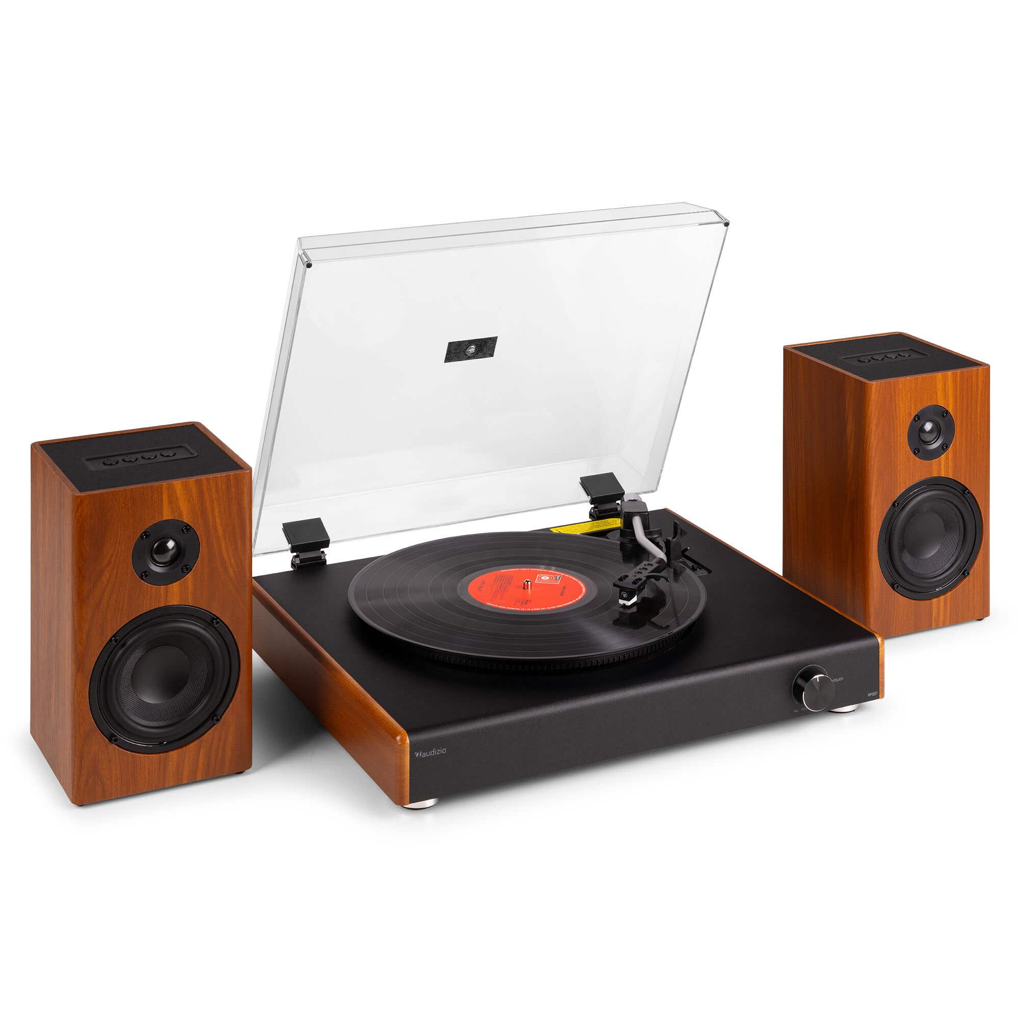 Audizio RP337W – Tocadiscos con altavoces bluetooth con bateria, tracción por correa, USB, salida RCA, color madera
