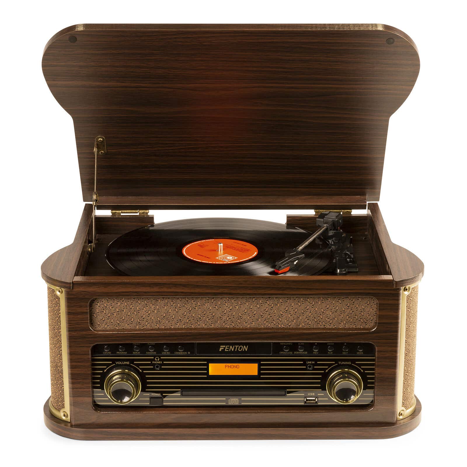 Fenton Memphis Tocadiscos retro con Bluetooth, radio DAB y FM, reproductor de CD, casete y mp3 - Madera oscura