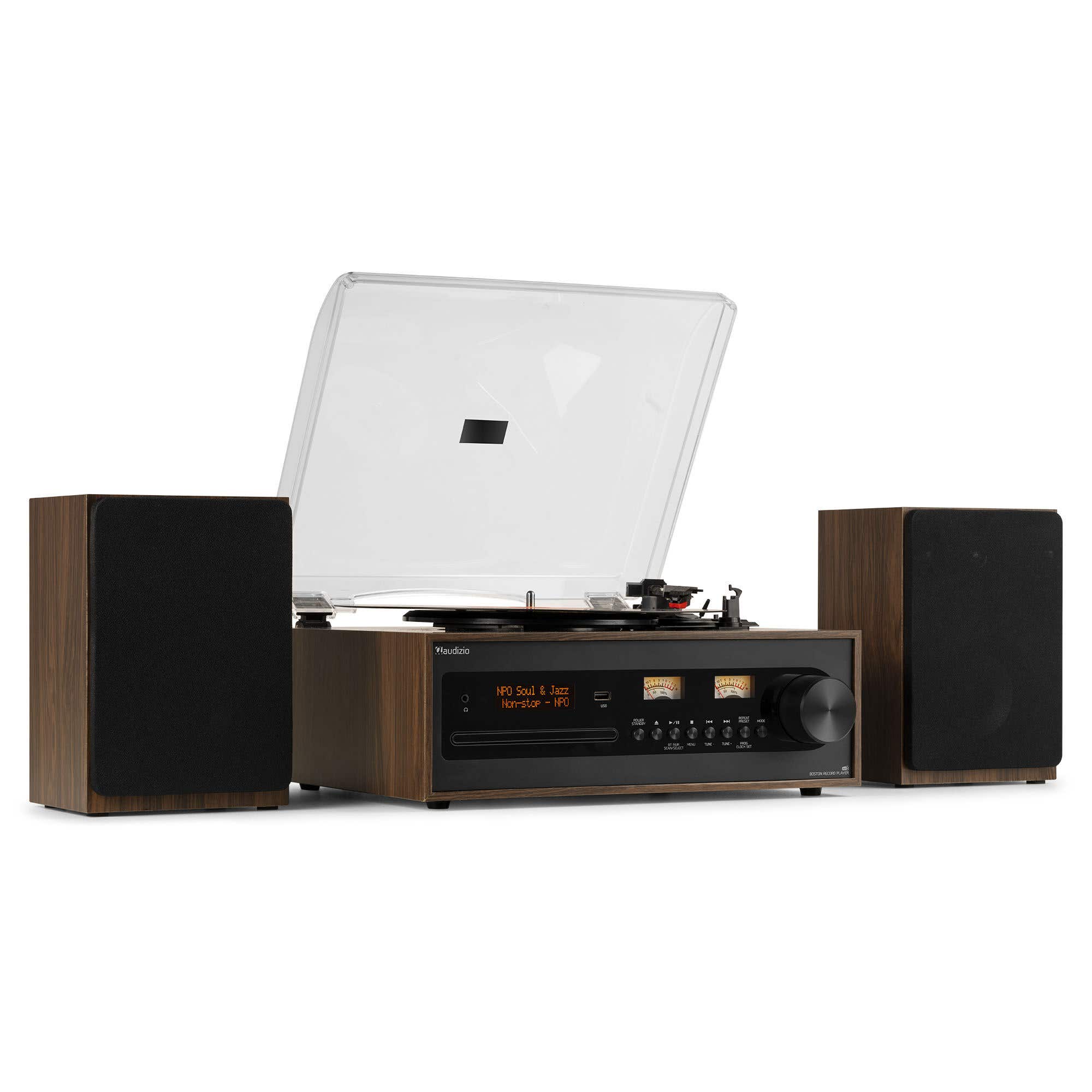 Audizio Boston - Tocadiscos retro HiFi con Bluetooth, CD, USB y radio DAB+ con altavoces incluidos