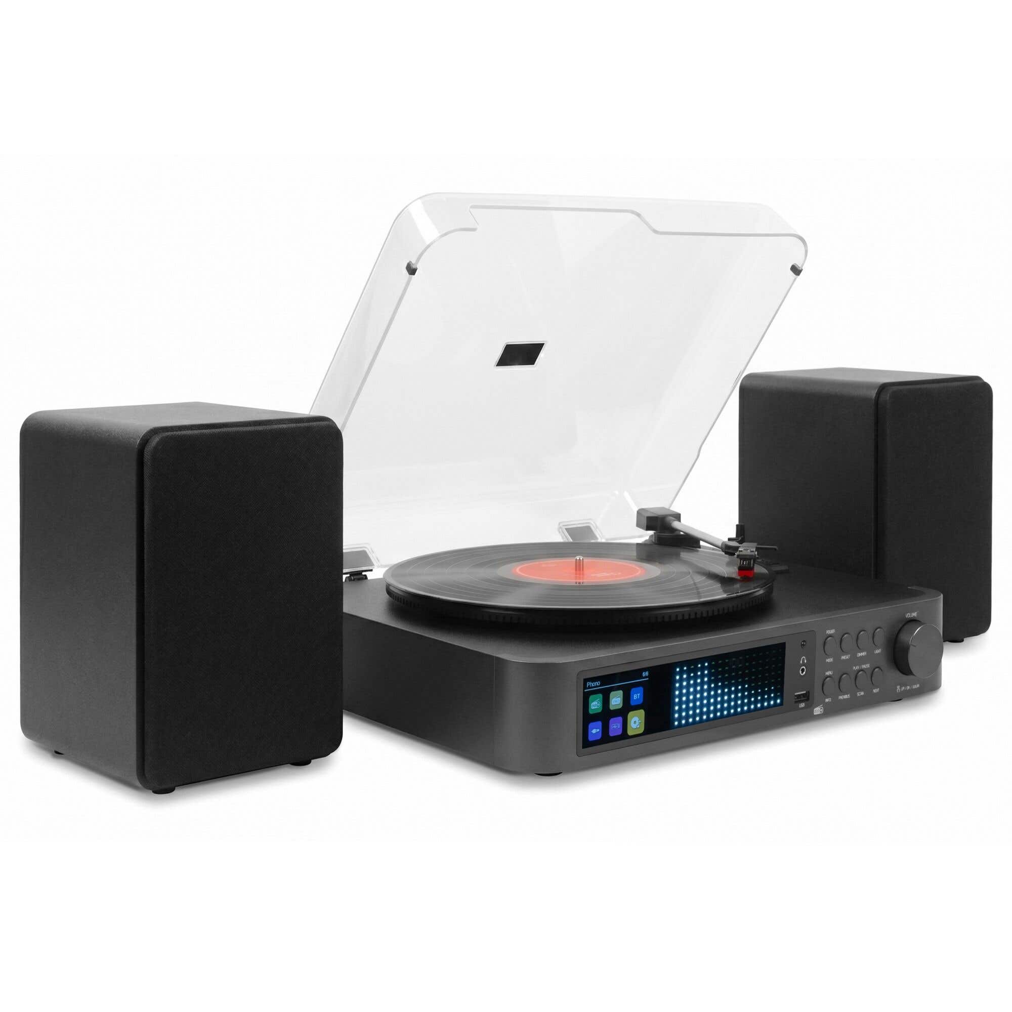 Audizio Norfolk - Tocadiscos de vinilo con altavoces de 80W, Bluetooth, radio DAB+ y FM, color negro