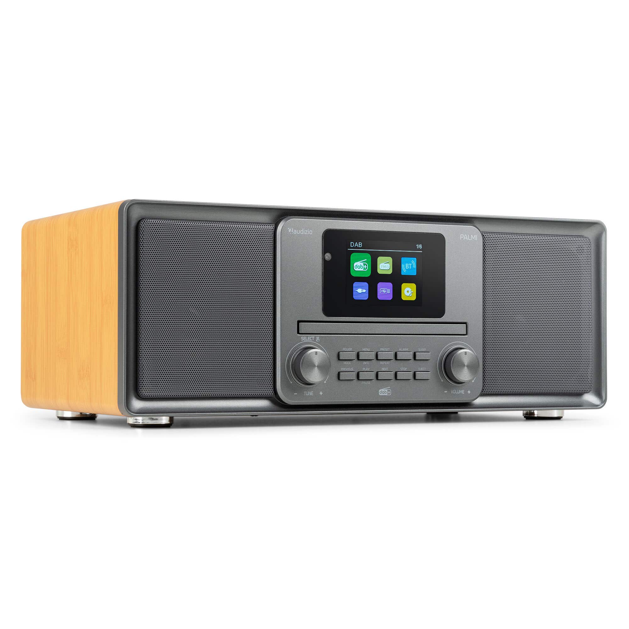 Audizio Palmi - Radio portátil DAB+ con reproductor de CD, Bluetooth, USB y 60W color bambú