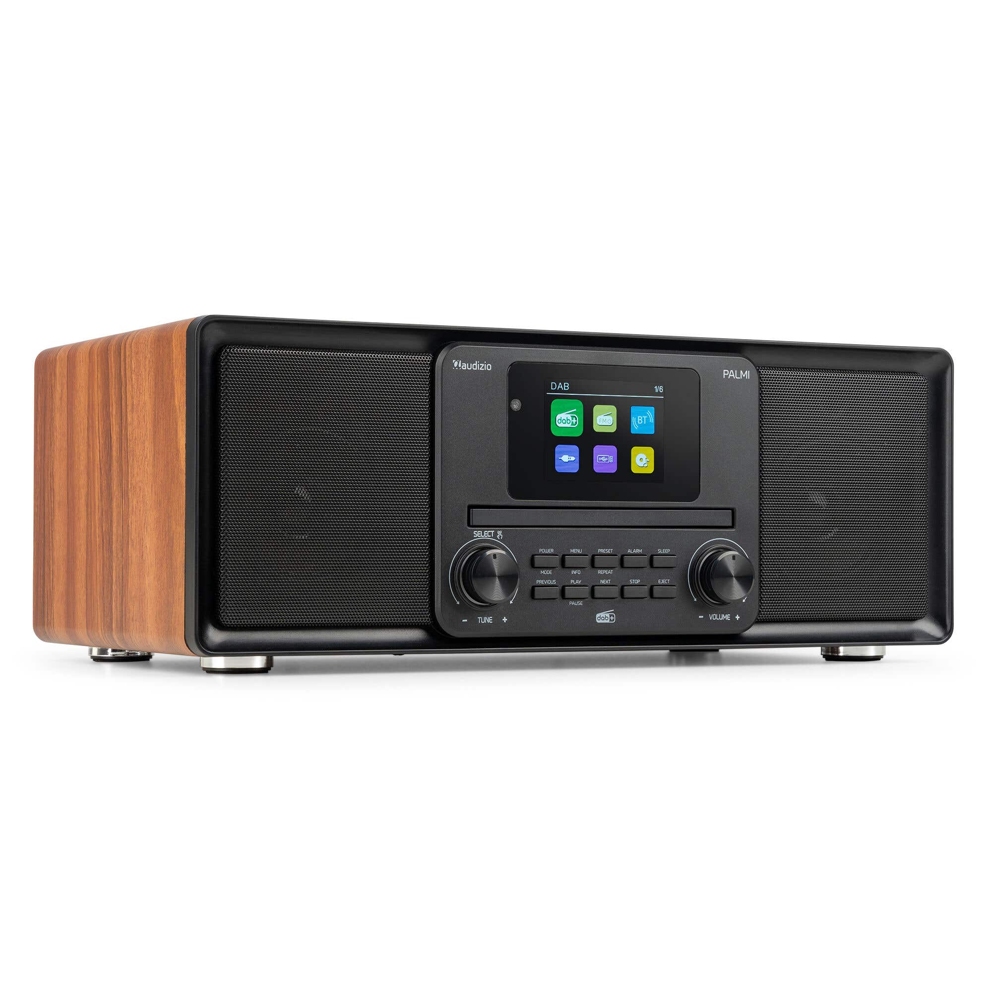 Audizio Palmi - Radio portátil DAB+ con Bluetooth, reproductor de CD, USB y 60W color madera
