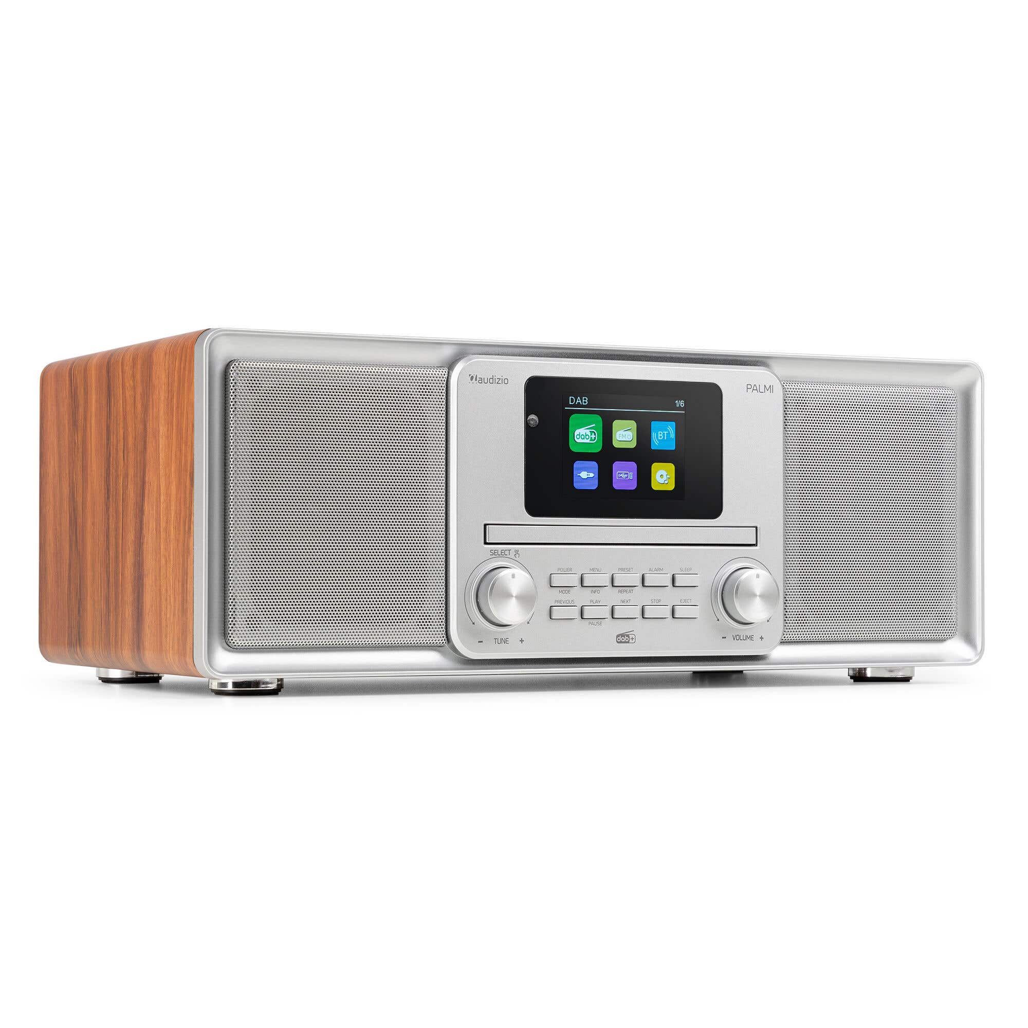 Audizio Palmi - Radio portátil DAB+ con CD, Bluetooth, USB y sonido estéreo de 60W color plateado