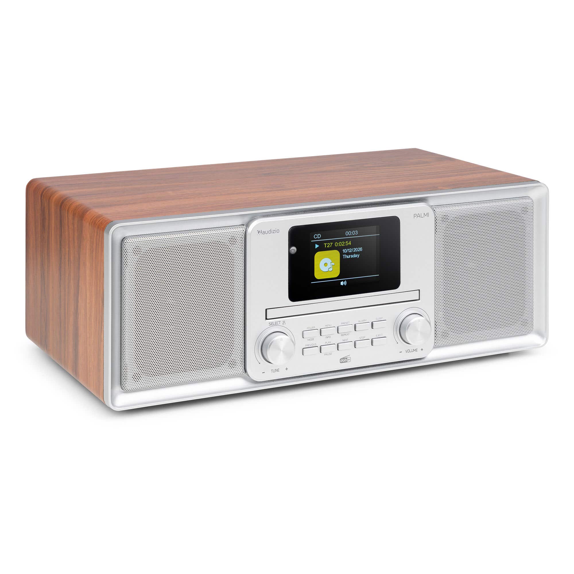 Audizio Palmi - Radio portátil DAB+ con CD, Bluetooth, USB y sonido estéreo de 60W color plateado