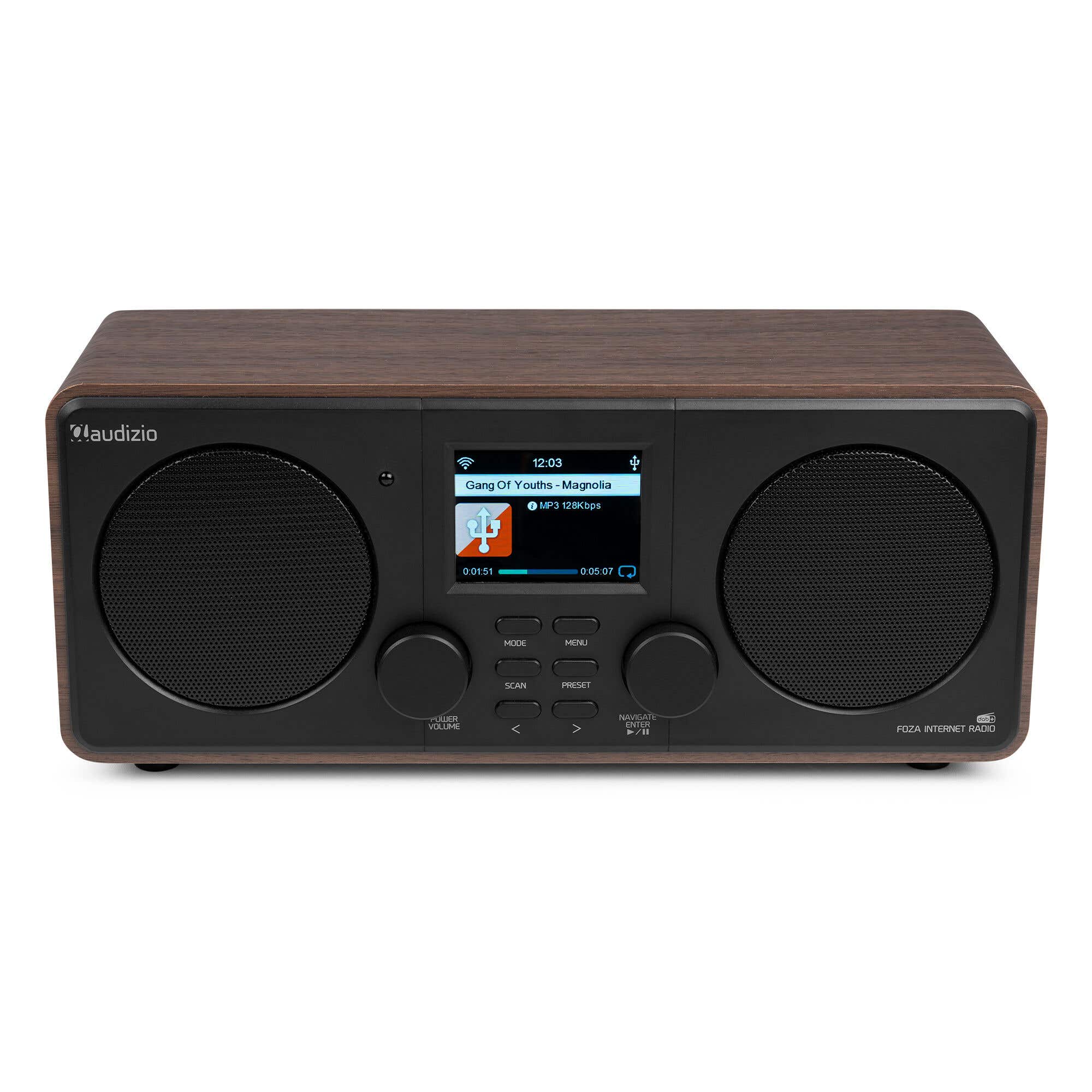 Audizio Foza - Radio WiFi Internet DAB+ FM Bluetooth USB AUX,pantalla a color, altavoces estéreo, color madera y negro