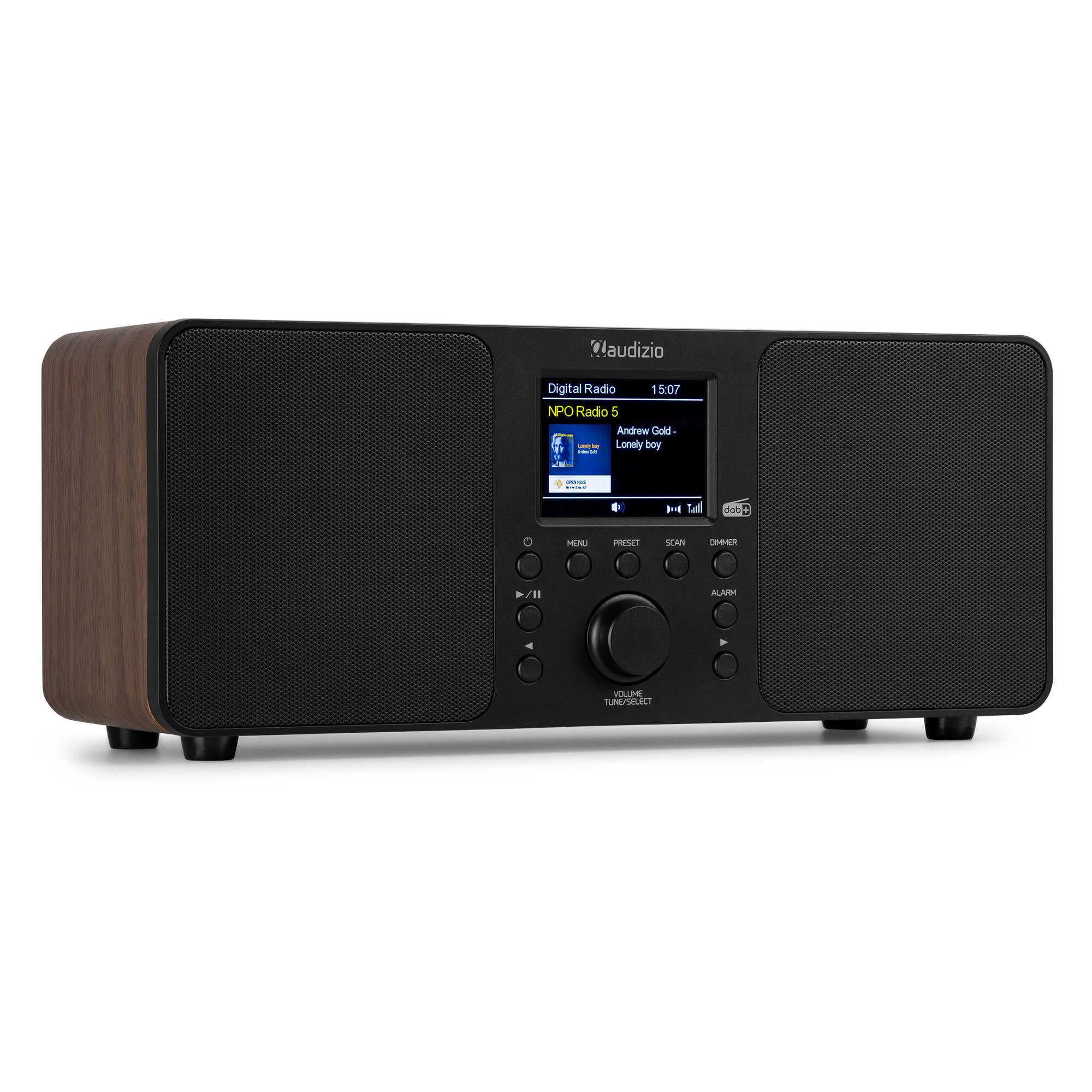 Reacondicionado - Audizio Genua Radio DAB + con Bluetooth y radio despertador, mando a distancia - Negro y madera