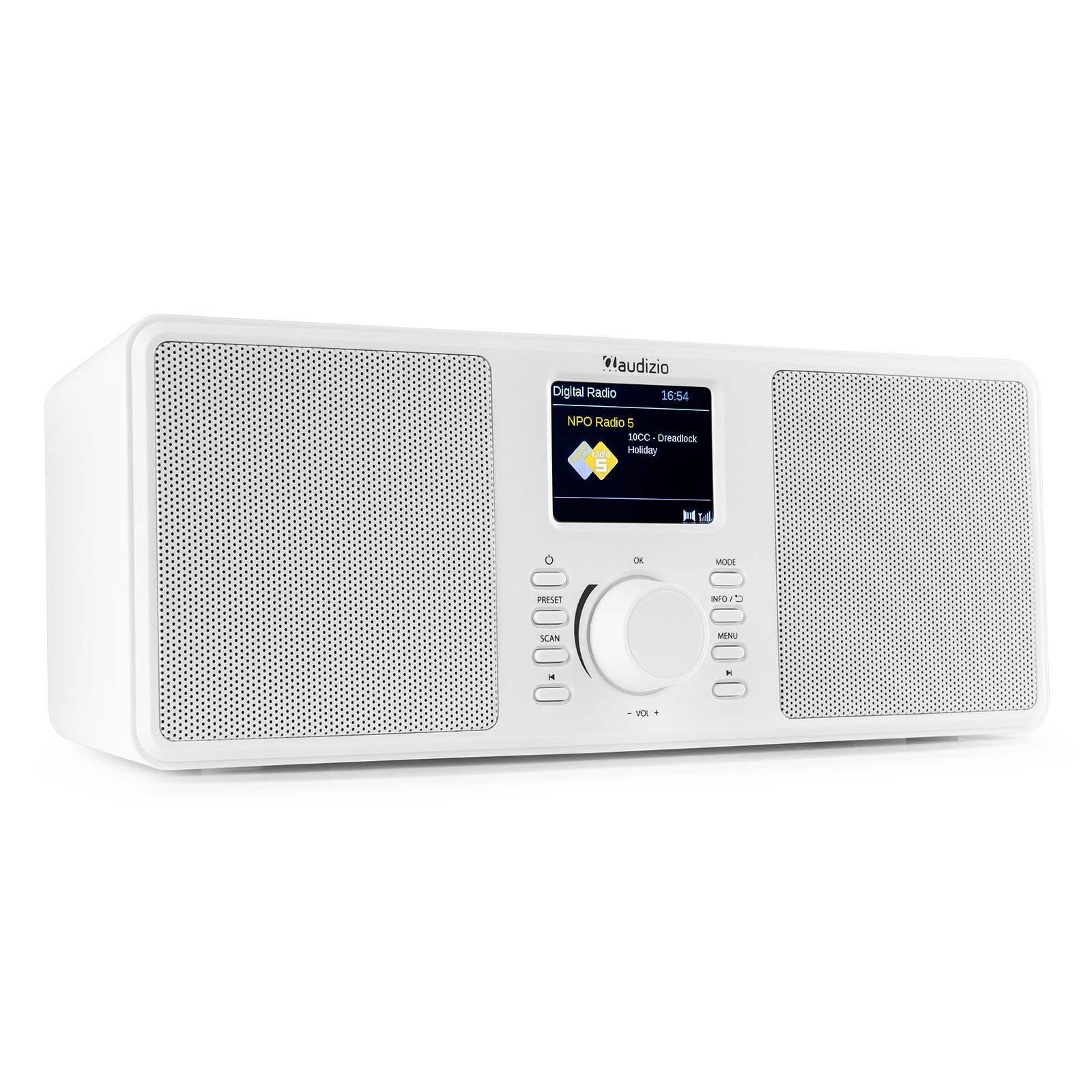Audizio Monza – Radio estéreo DAB/FM con altavoz Bluetooth, pantalla LCD y sonido DSP 50W, color blanca