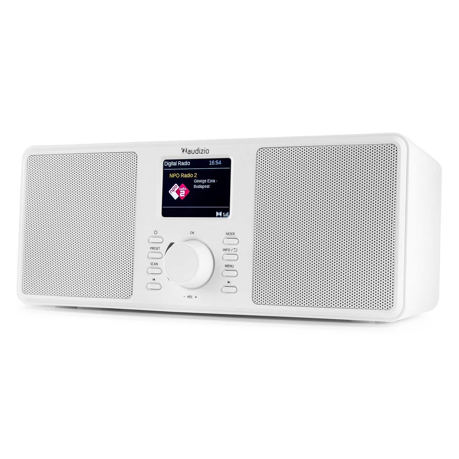 Audizio Monza – Radio estéreo DAB/FM con altavoz Bluetooth, pantalla LCD y sonido DSP 50W, color blanca