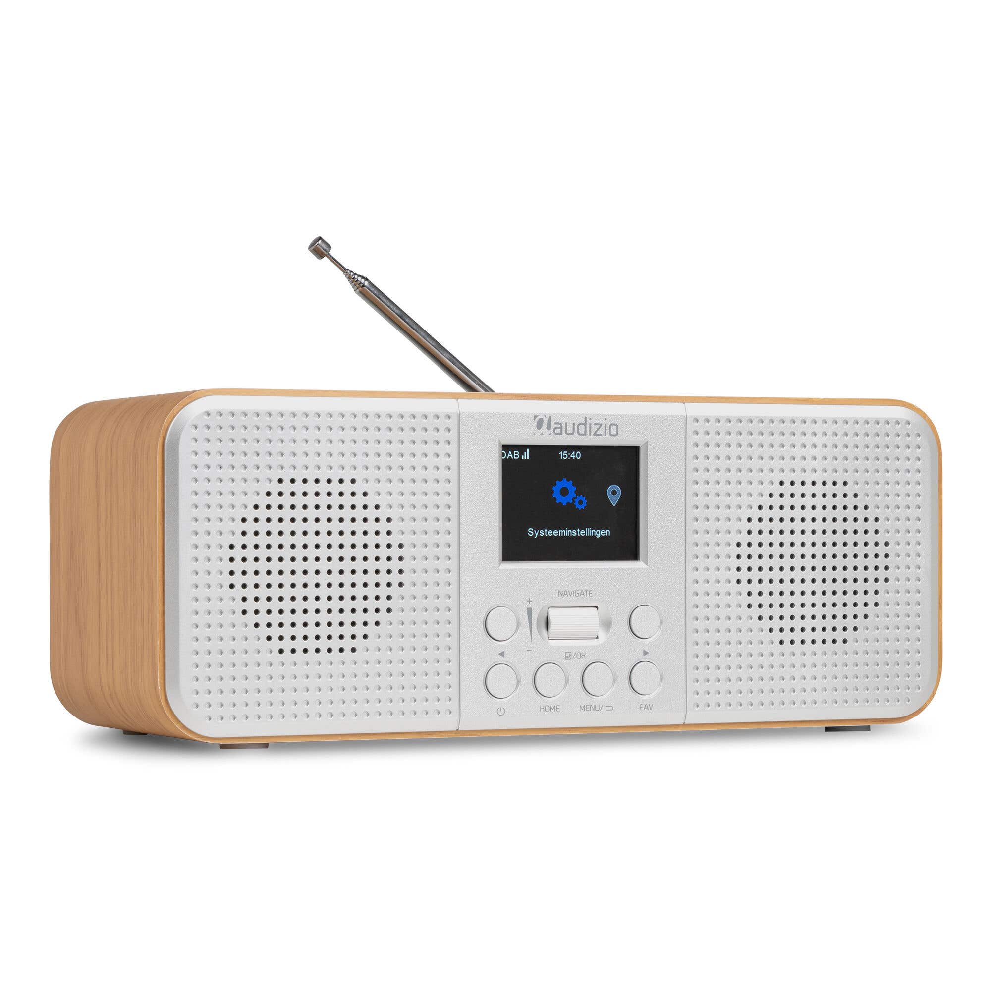 Audizio Bucine – Radio DAB+ FM Internet con Bluetooth, WiFi, 40W, auto scan y pantalla LCD, color madera clara con frontal plateado
