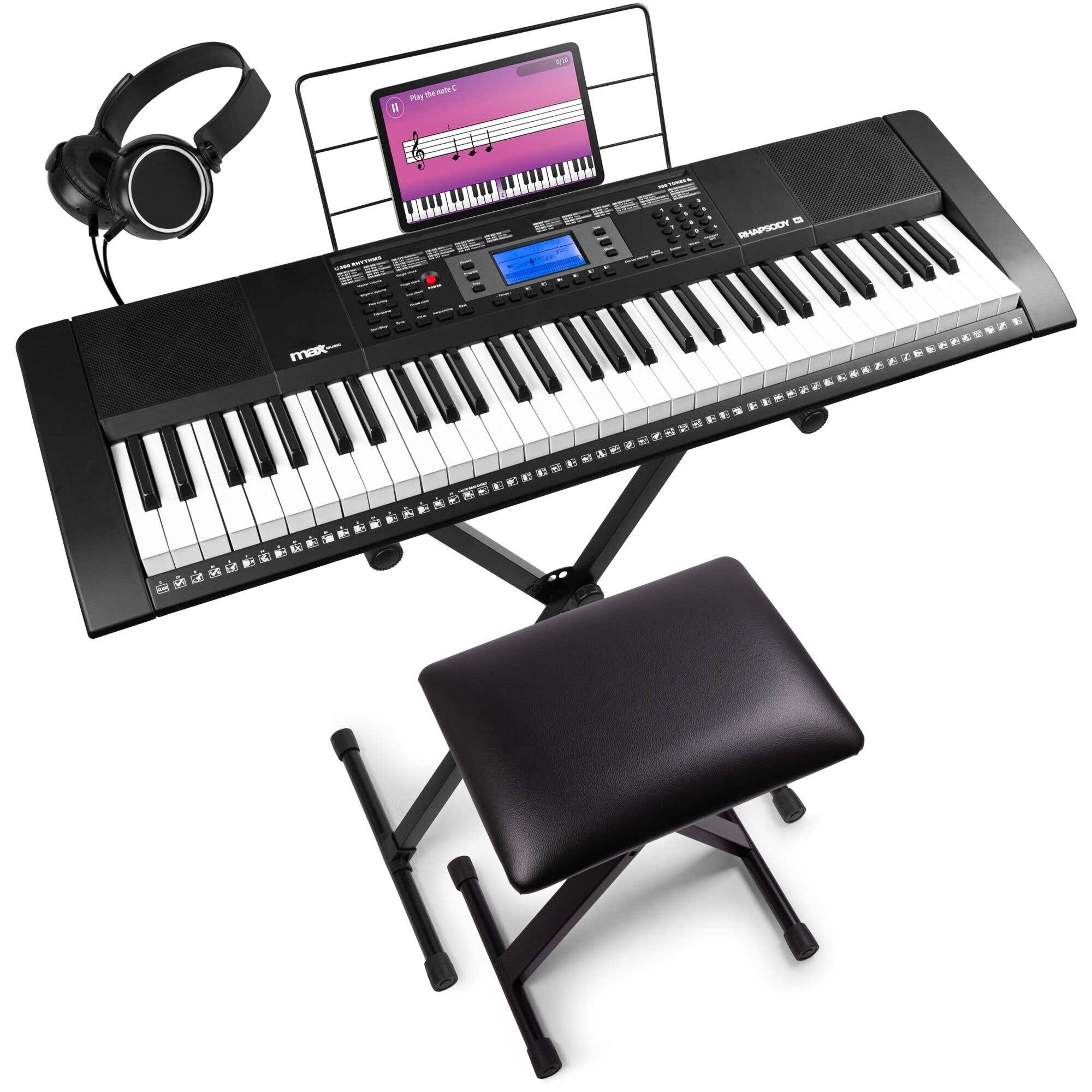 Reacondicionado - MAX Rhapsody61 Conjunto de teclado completo de 61 teclas con método de aprendizaje, banqueta, soporte y auriculares