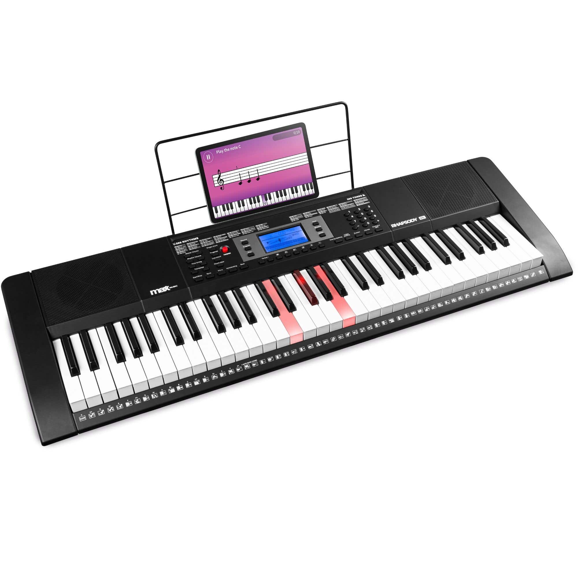 Reacondicionado - MAX Rhapsody61L Teclado electrónico piano con 61 teclas iluminadas con conexión MIDI - Perfecto para principiantes y productores.