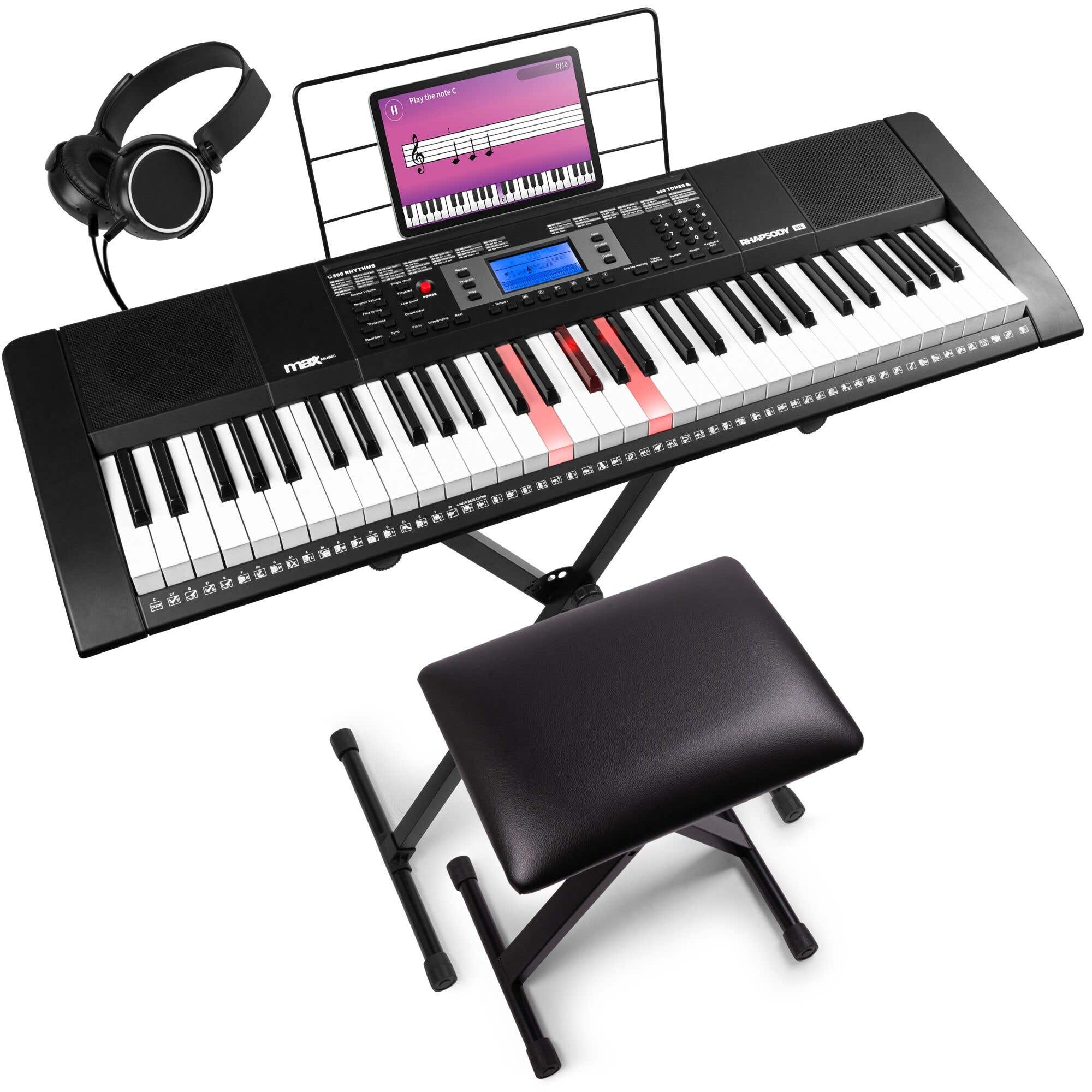 Reacondicionado - MAX Rhapsody61L Pack completo de teclado con banqueta, soporte y auriculares - Con 61 teclas iluminadas
