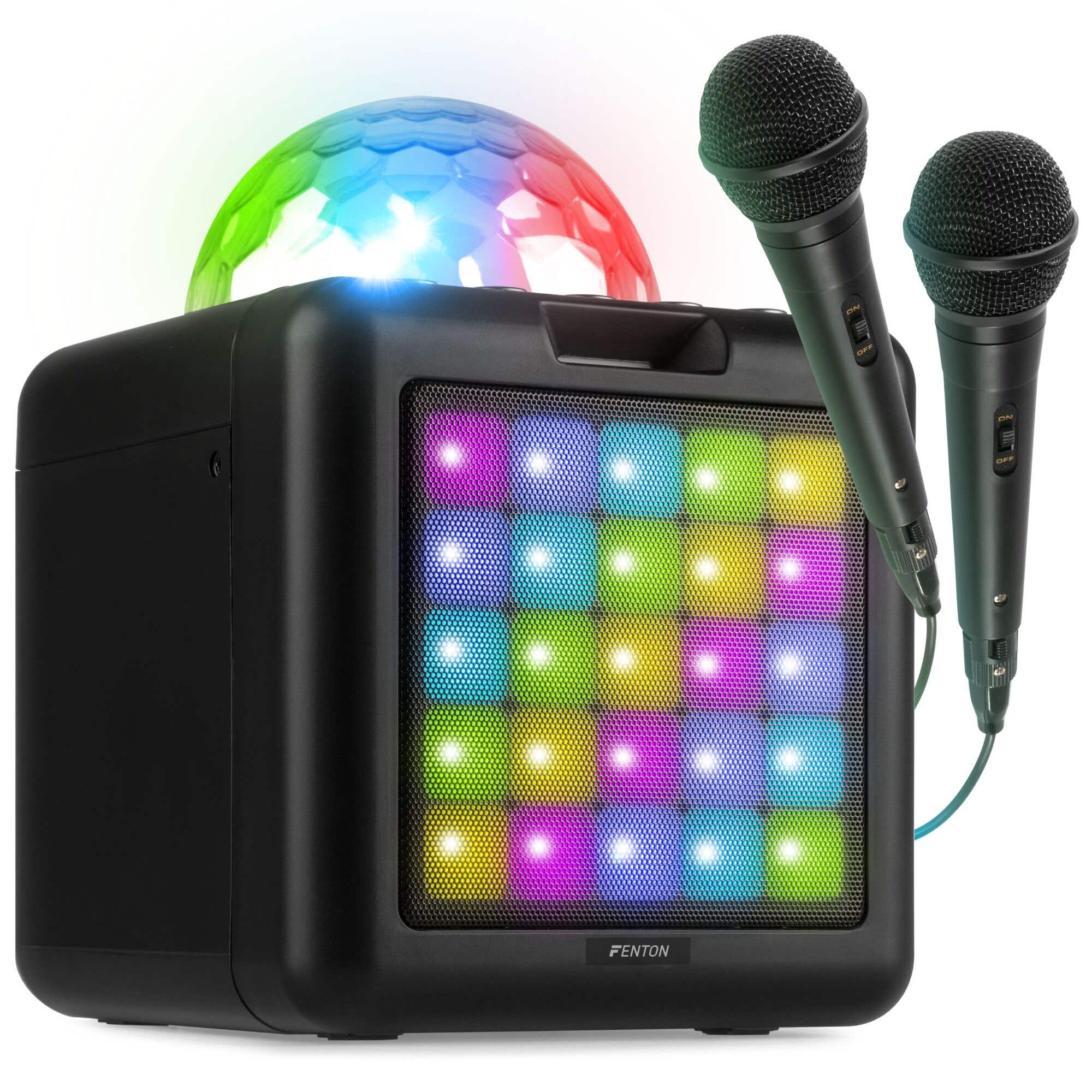 Reacondicionado - Fenton KAR15B Karaoke con Bluetooth, 2 micrófonos y efectos de luz RGB - Negro
