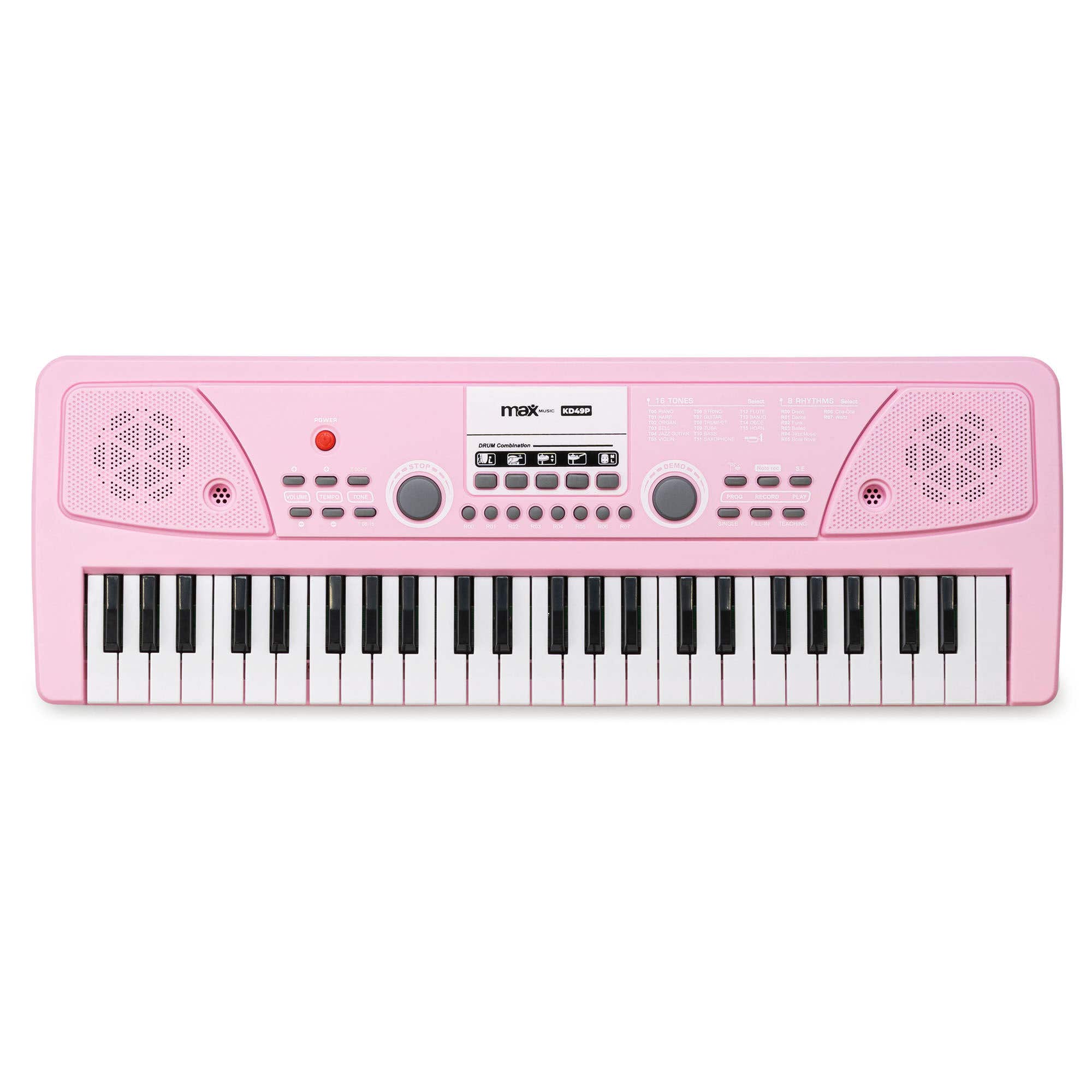 MAX KD49P – Teclado electrónico 49 teclas infantil con batería recargable, micrófono y funciones de aprendizaje, color rosa
