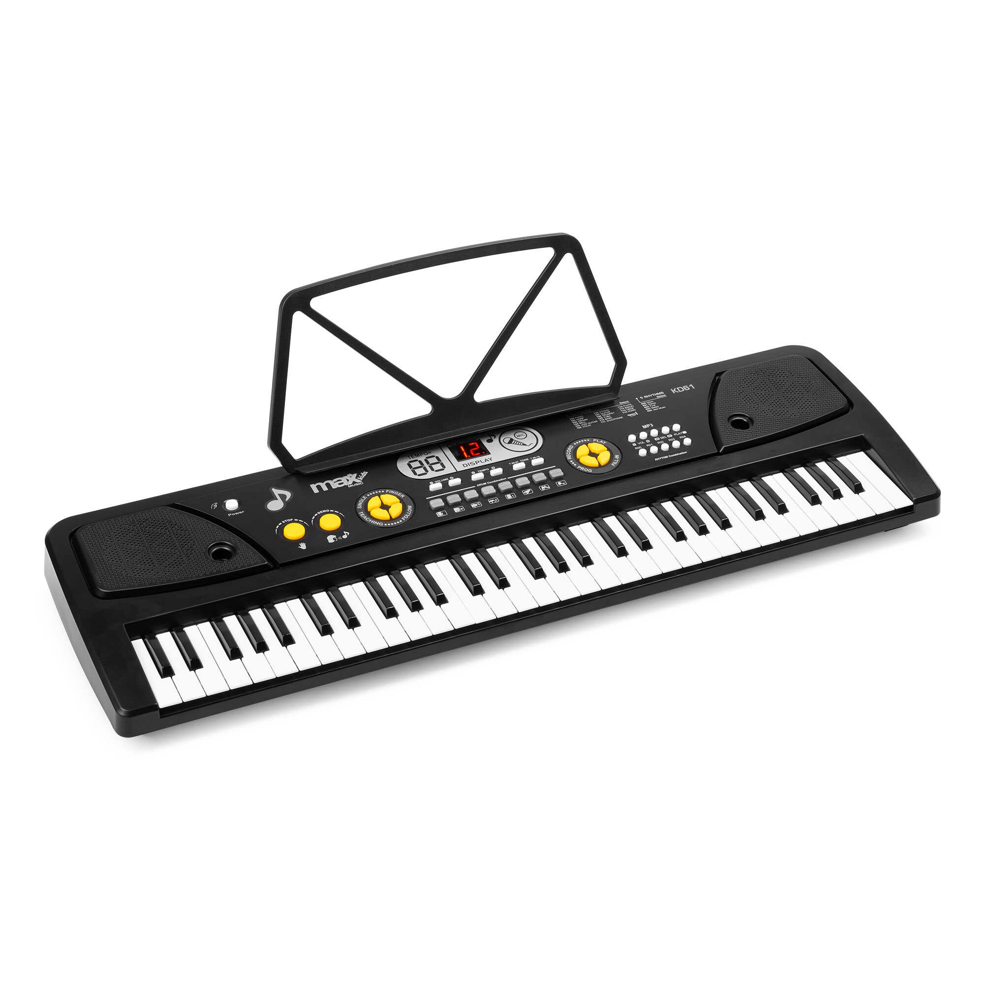 Reacondicionado - MAX KD61 – Piano infantil eléctrico de 61 teclas con batería recargable, micrófono y pantalla LED – Color negro