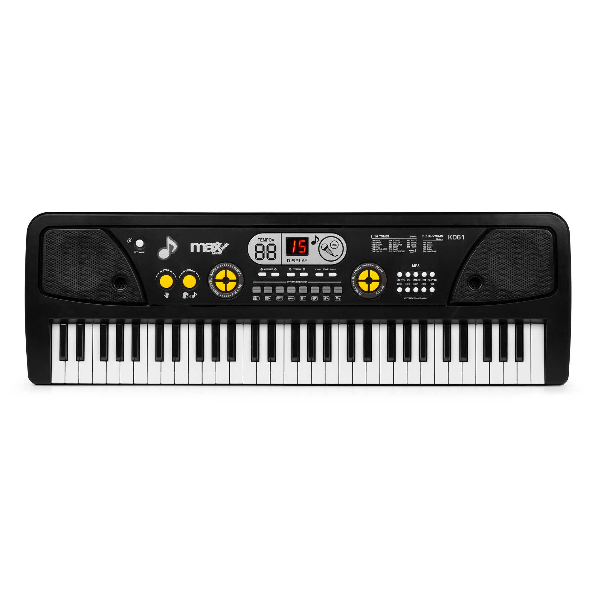 MAX KD61 – Teclado digital 61 teclas con batería, función grabación, MIDI USB y micrófono incluido, Color negro