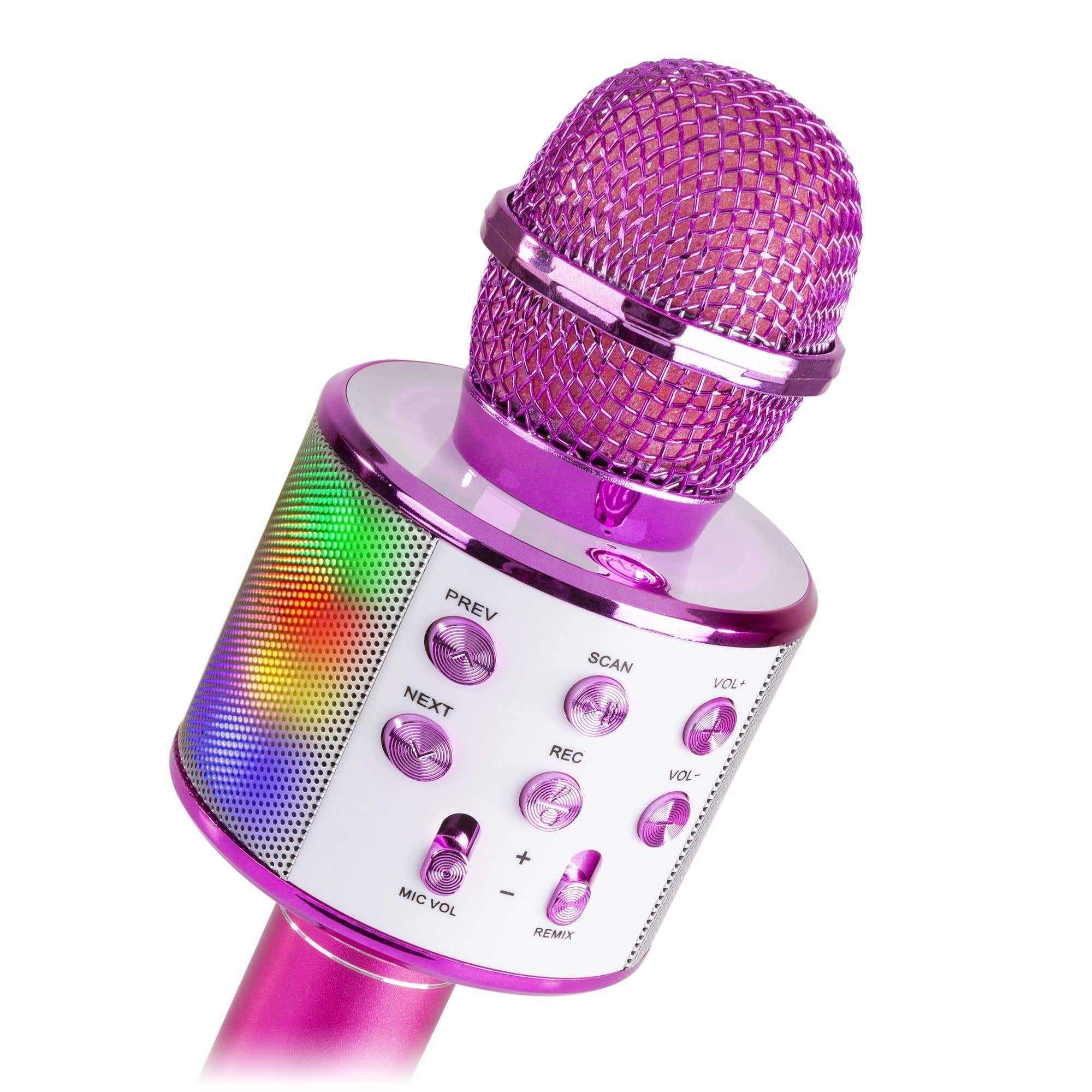 Max KM15P Micrófono de Karaoke con altavoz BT / MP3 incorporado e iluminación LED, Rosa