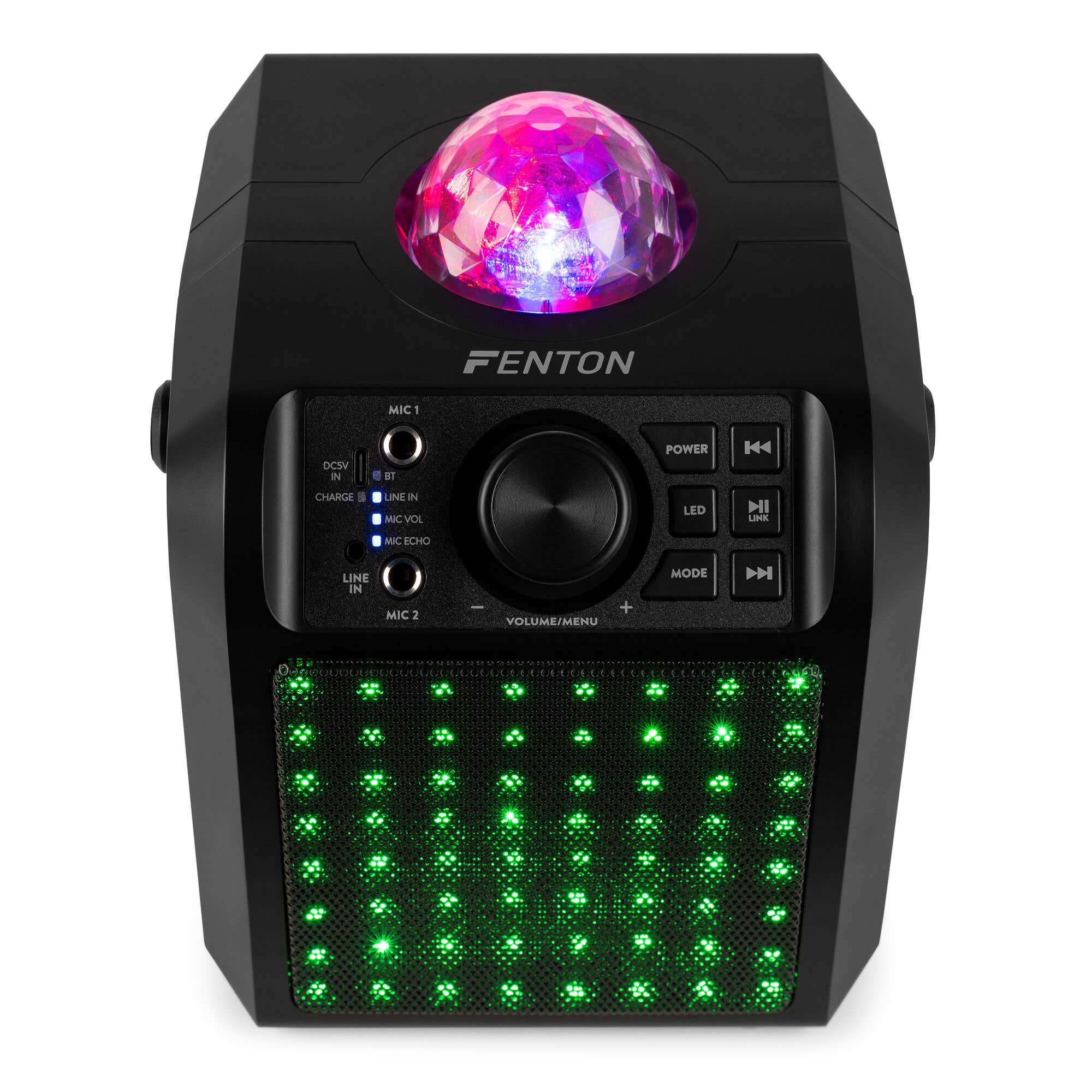 Fenton KAR55B – Altavoz karaoke bluetooth con 2 micrófonos con cable, batería, LED y bola de discoteca, color negro