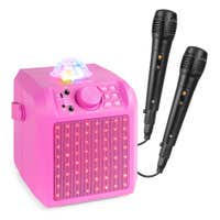Fenton KAR55P – Altavoz karaoke bluetooth con 2 micrófonos con cable, batería, LED y bola de discoteca, color rosa