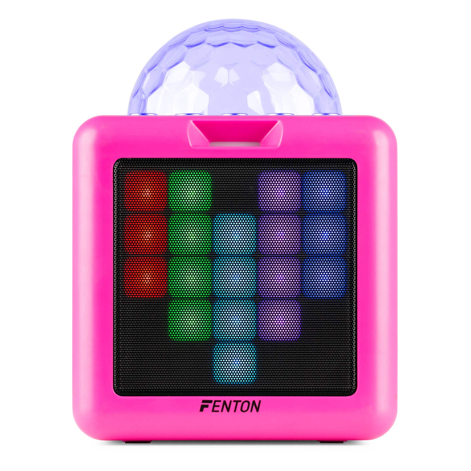 Fenton KAR15P – Altavoz karaoke bluetooth 15W con 2 microfonos, batería, LED y bola de discoteca, color rosa
