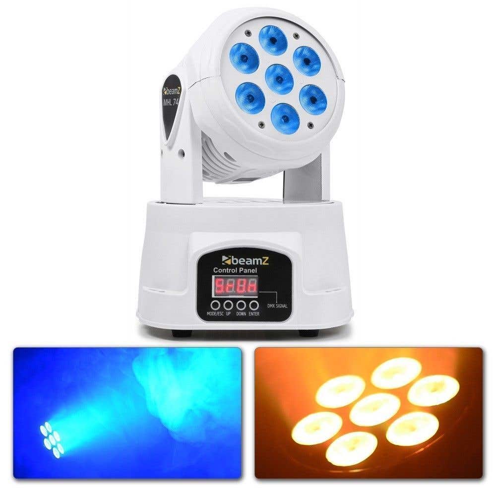 beamZ MHL74 Mini Cabeza Movil Wash 7X 10W DMX 12 Canales Quad LED Blanco