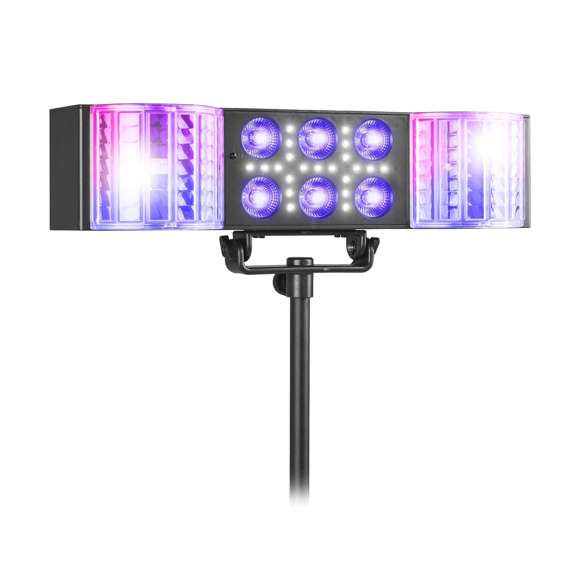 Fuzzix DerbyStar2 Party Bar - Barra de luces LED con efecto Derby doble, estroboscópico y PAR RGB-UV con trípode
