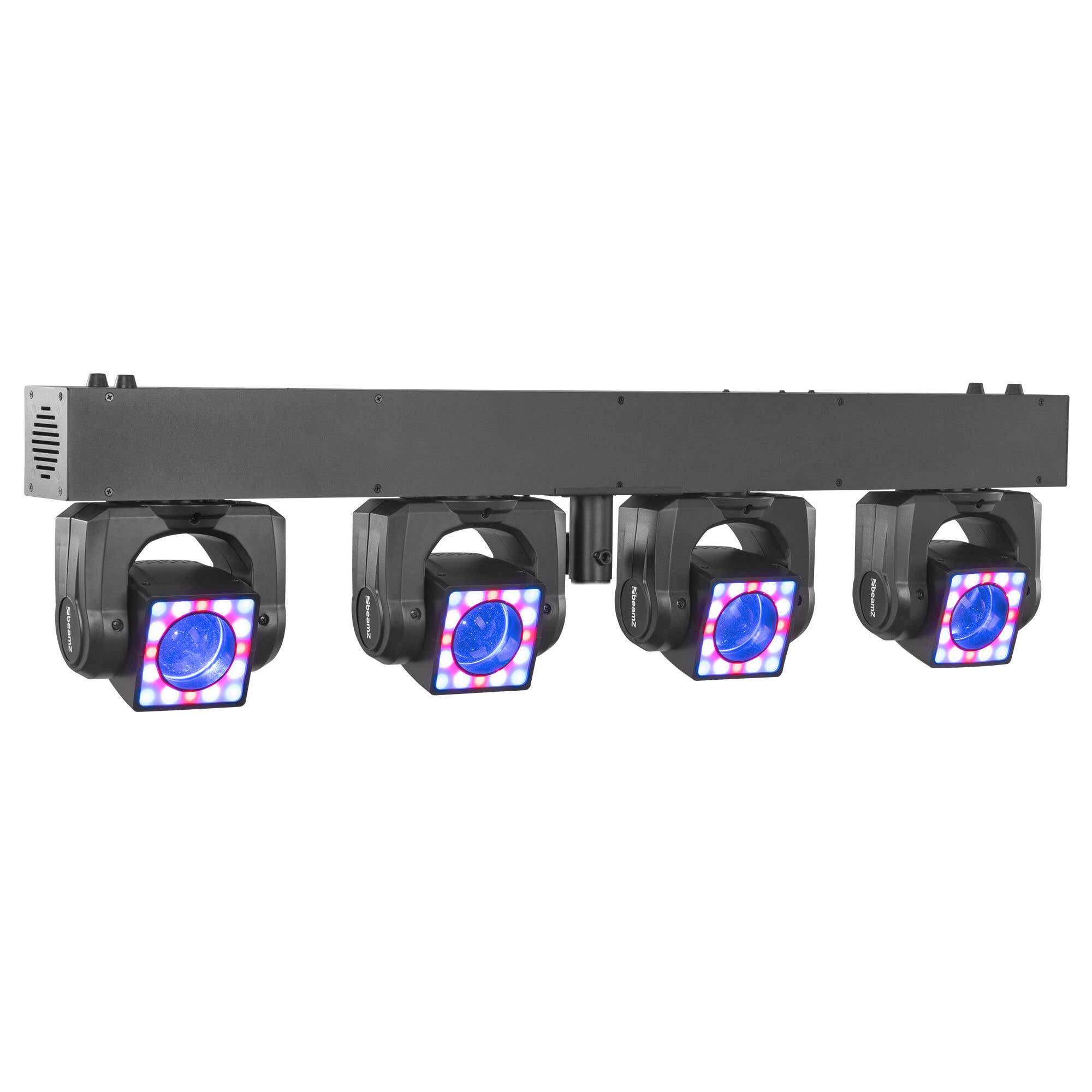 BeamZ ShowBar GO Shine – Barra con 4 cabezas móviles RGBW 40W, anillos LED RGB, control DMX y programas automáticos – Color negro