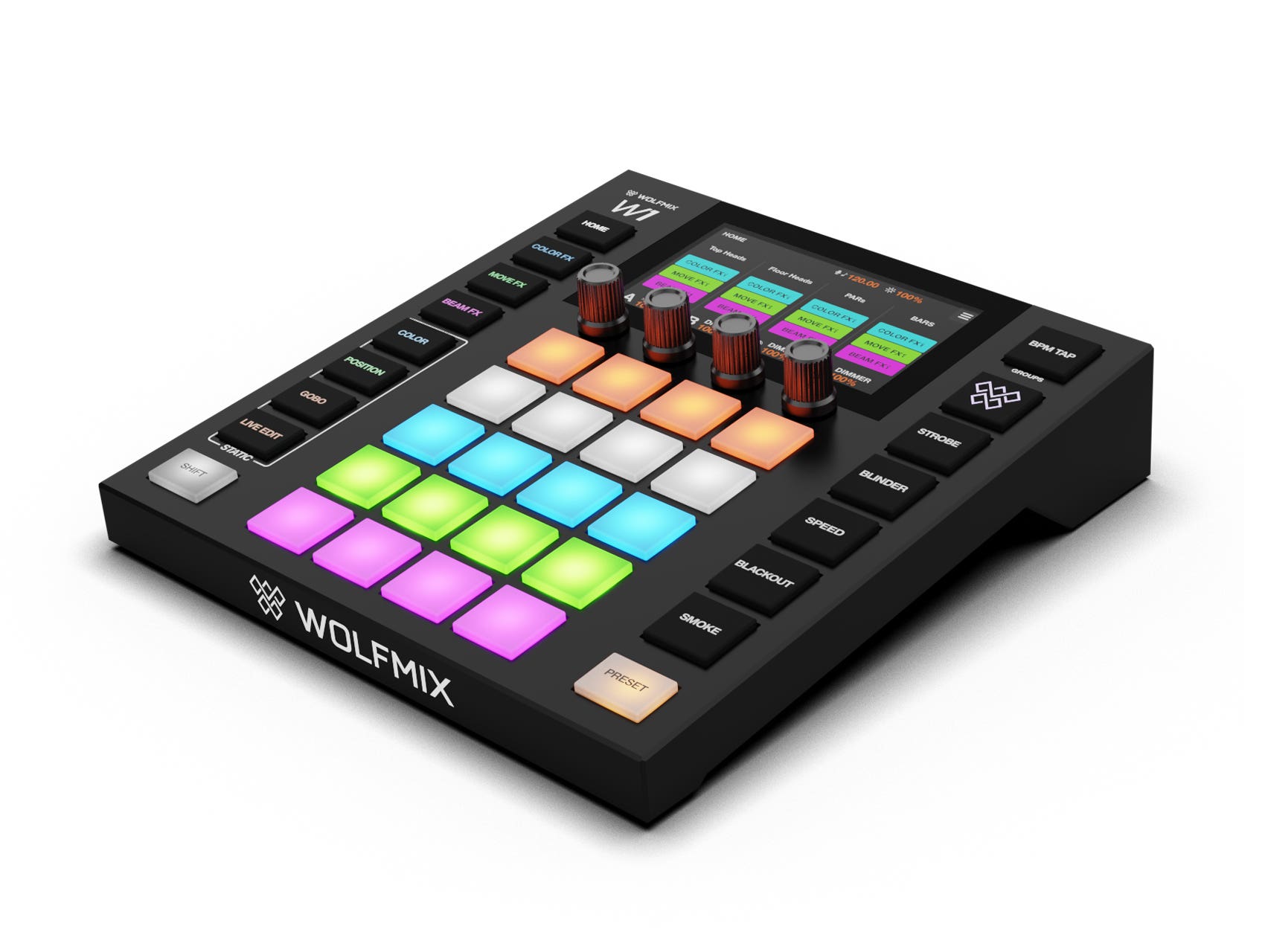 Wolfmix W1 MK2 – Controlador DMX standalone hasta 4 universos con pantalla táctil y efectos FX para iluminación profesional, color negro
