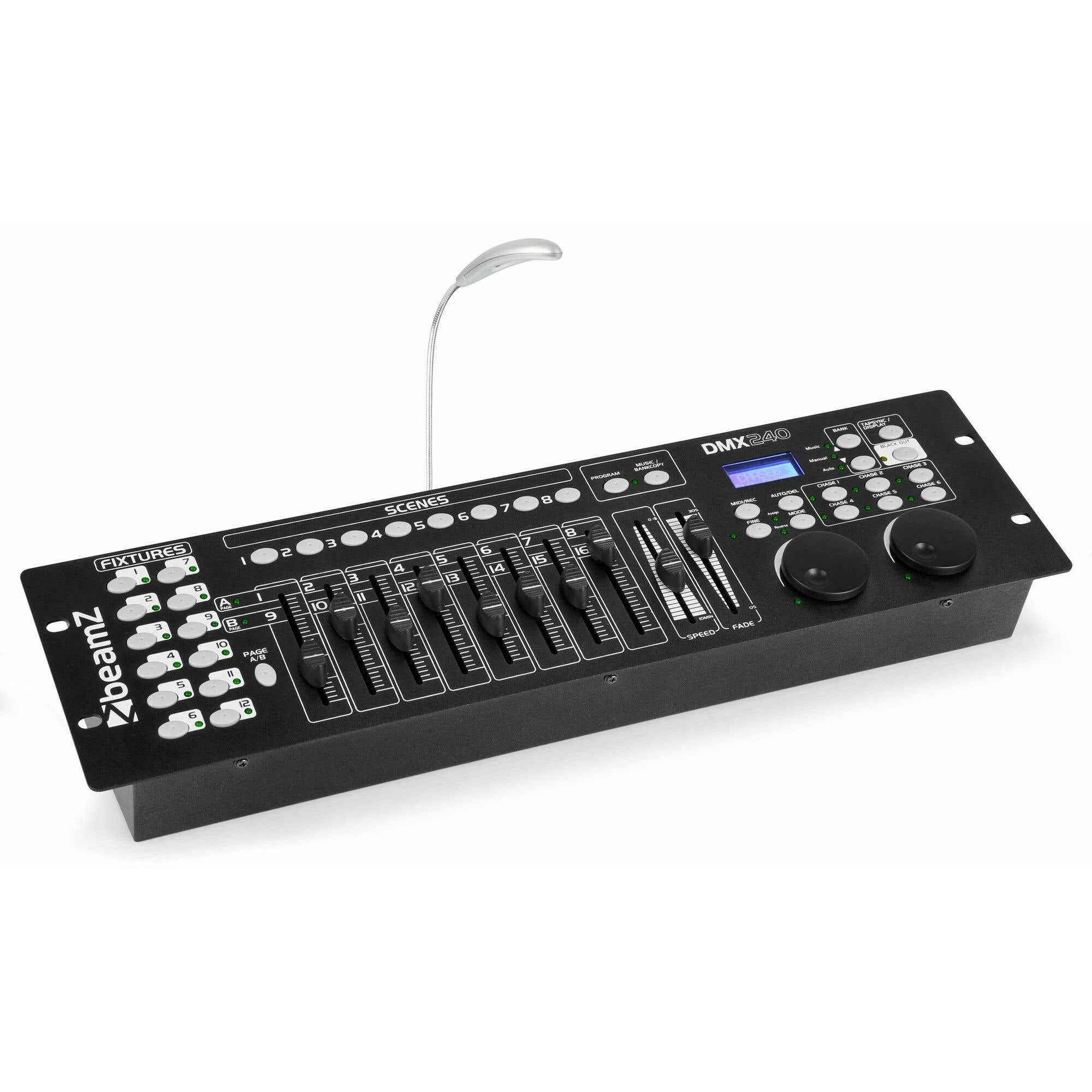 BeamZ DMX240 - Controlador DMX de 192 canales con jog wheels, 30 bancos de memoria, MIDI, USB y montaje en rack