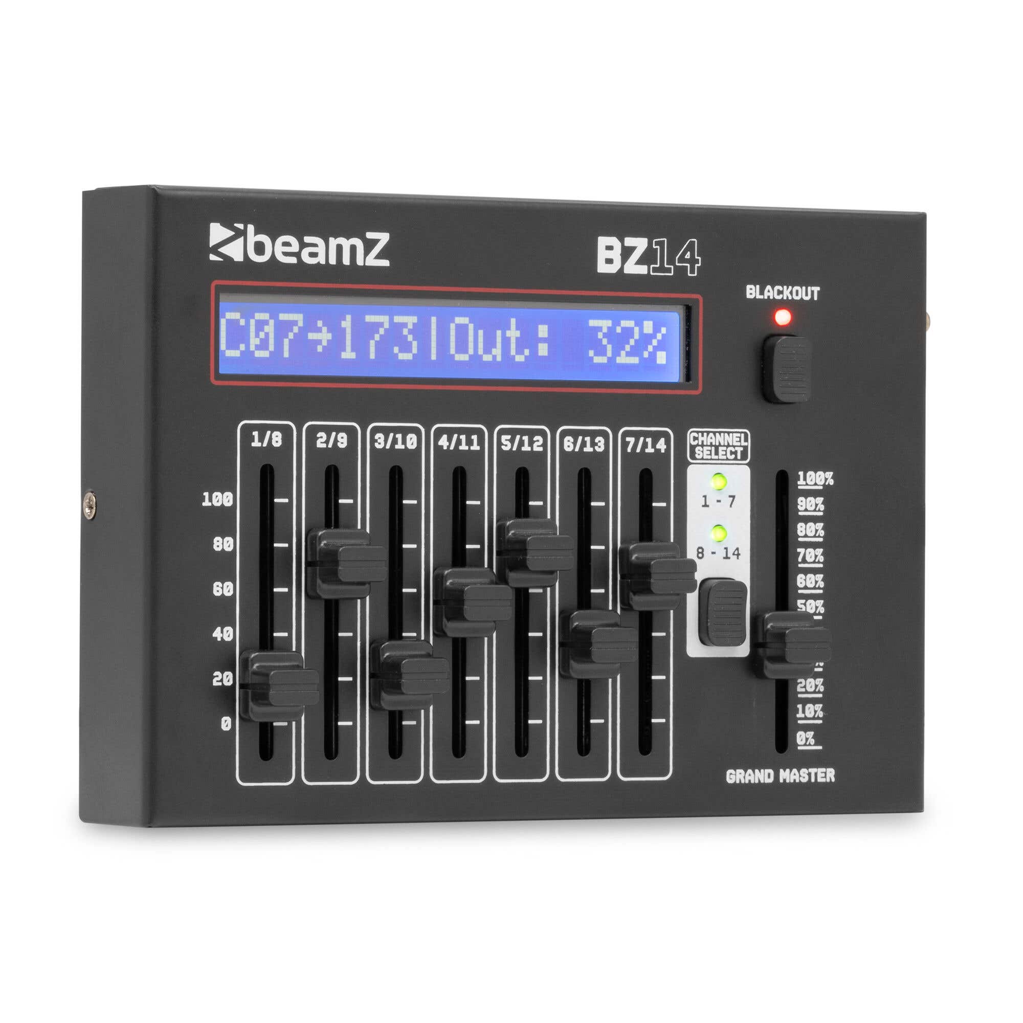 BeamZ BZ14 – Mini controlador DMX de 14 canales con 2 bancos de 7 faders