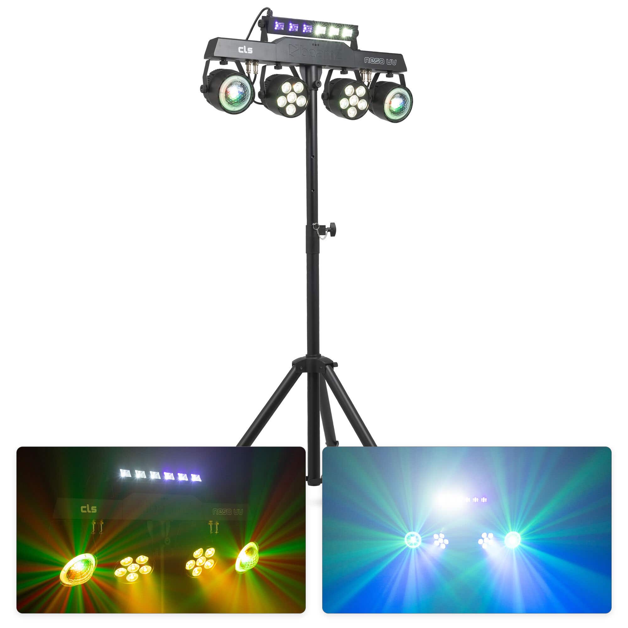 BeamZ CLS NesoUV Party Bar - 2 Jelly Moon, 2 PAR LED RGBW, UV Strobe, DMX 512 y trípode