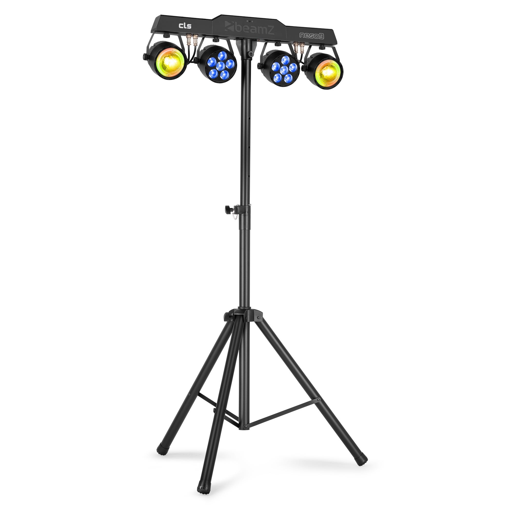 BeamZ CLS Neso9 Party Bar – Barra de iluminación con 2 focos LED PAR RGBW DMX, 2 efectos dinámicos y soporte ajustable incluido, color negro
