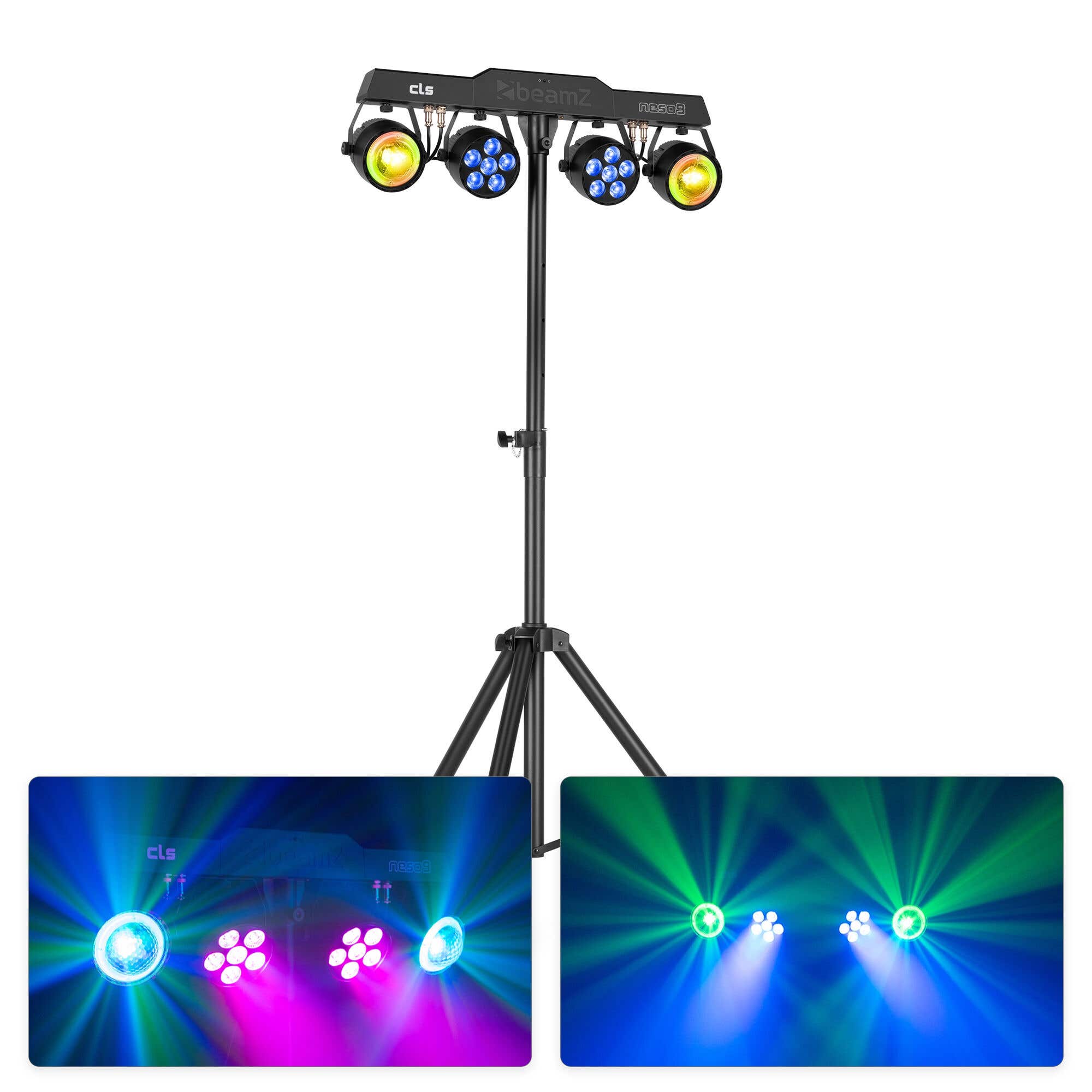 BeamZ CLS Neso9 Party Bar – Barra de iluminación con 2 focos LED PAR RGBW DMX, 2 efectos dinámicos y soporte ajustable incluido, color negro