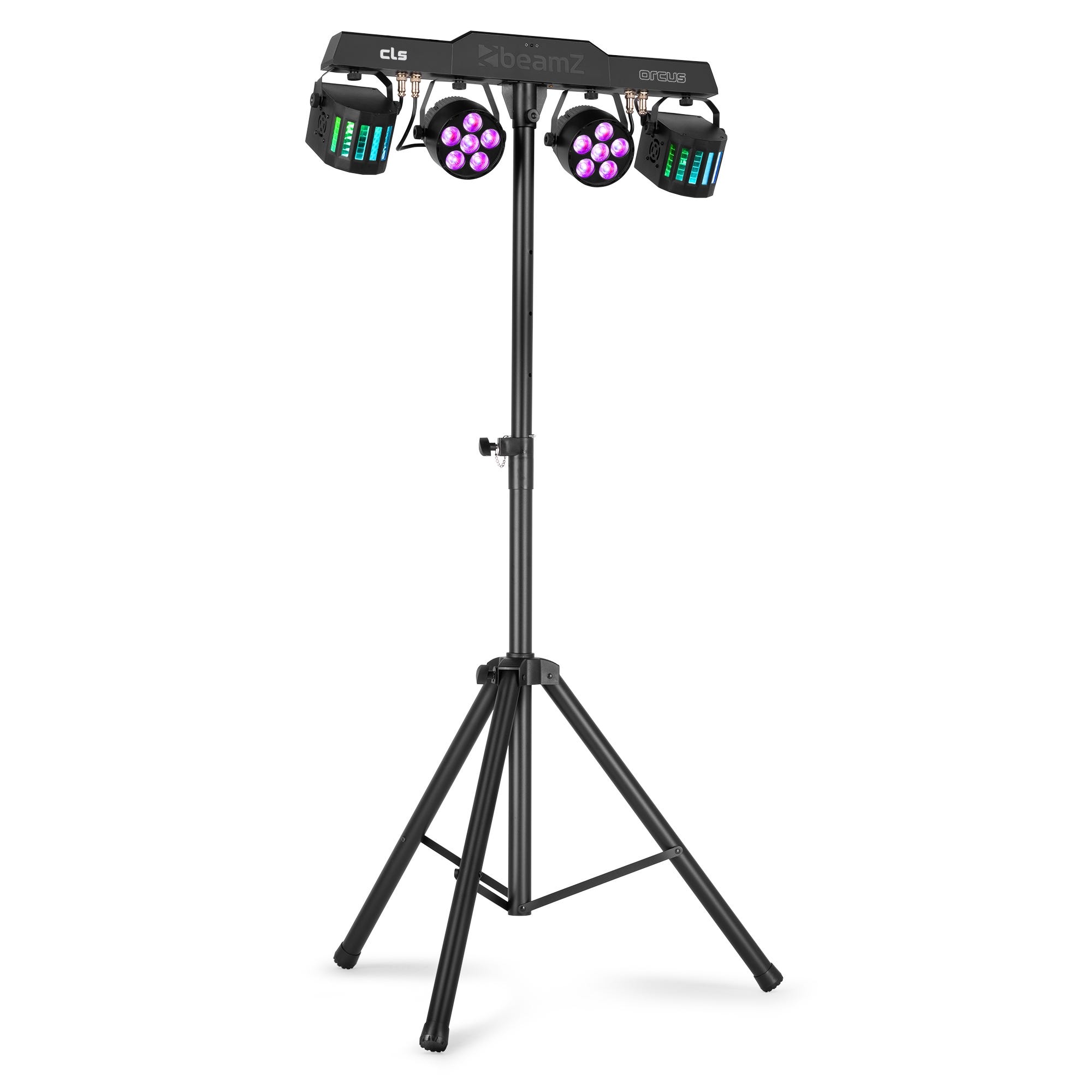 BeamZ CLS Orcus Party Bar – Barra de iluminación con 2 focos LED PAR RGBW DMX, 2 efectos dinámicos tipo derby y soporte ajustable incluido, color negro